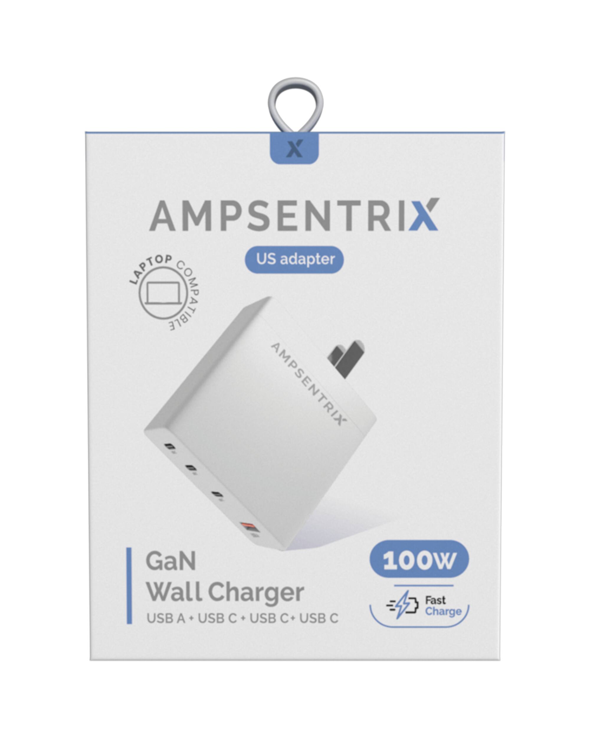 AMPSENTRIX US adapter  
LAPTOP COMPATIBLE  
GaN Wall Charger  
USB A + USB C + USB C + USB C  
100W Fast Charge