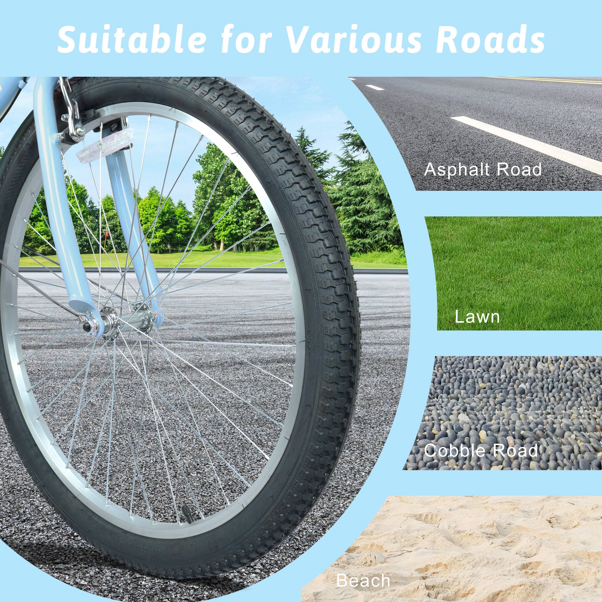 Suitable for Various Roads  
Asphalt Road  
Lawn  
Cobble Road  
Beach