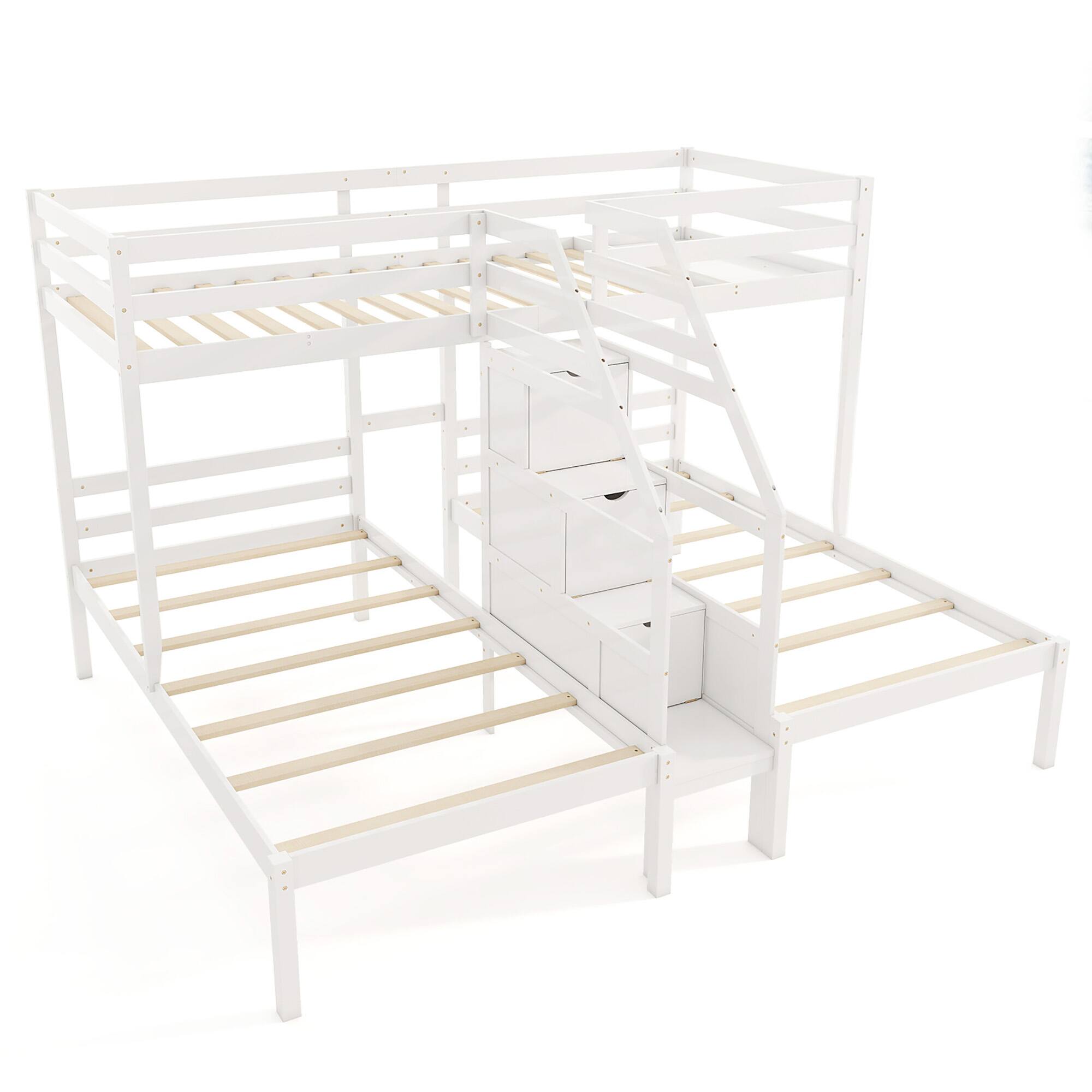 Alt View 1. Gymax - Gymax Wooden Twin Over Twin & Twin Bunk Bed w/ 4-Step Storage Staircase Guardrail White - White.