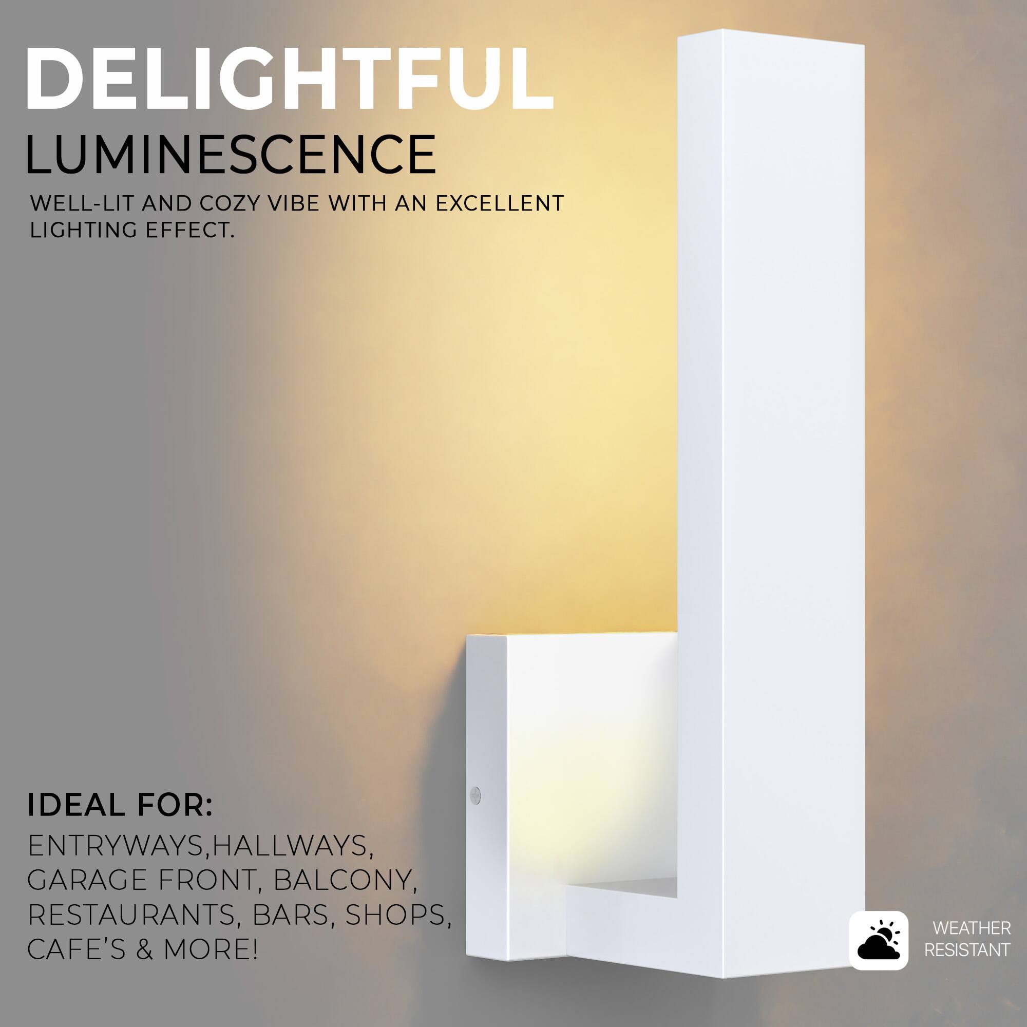 DELIGHTFUL LUMINESCENCE  
WELL-LIT AND COZY VIBE WITH AN EXCELLENT LIGHTING EFFECT.  

IDEAL FOR:  
ENTRYWAYS, HALLWAYS, GARAGE FRONT, BALCONY, RESTAURANTS, BARS, SHOPS, CAFÉ'S & MORE!  

WEATHER RESISTANT