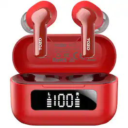 TOZO - NC3 Wireless Earbuds, Bluetooth 5.3, 6-Mic Noise Cancel, 55H Playtime, 32-EQ App, Stereo Bass, IPX8 Waterproof - Red