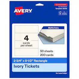Avery - 2-3/4" x 8-1/2" Rectangle Tickets, Matte Ivory, 200ct - White