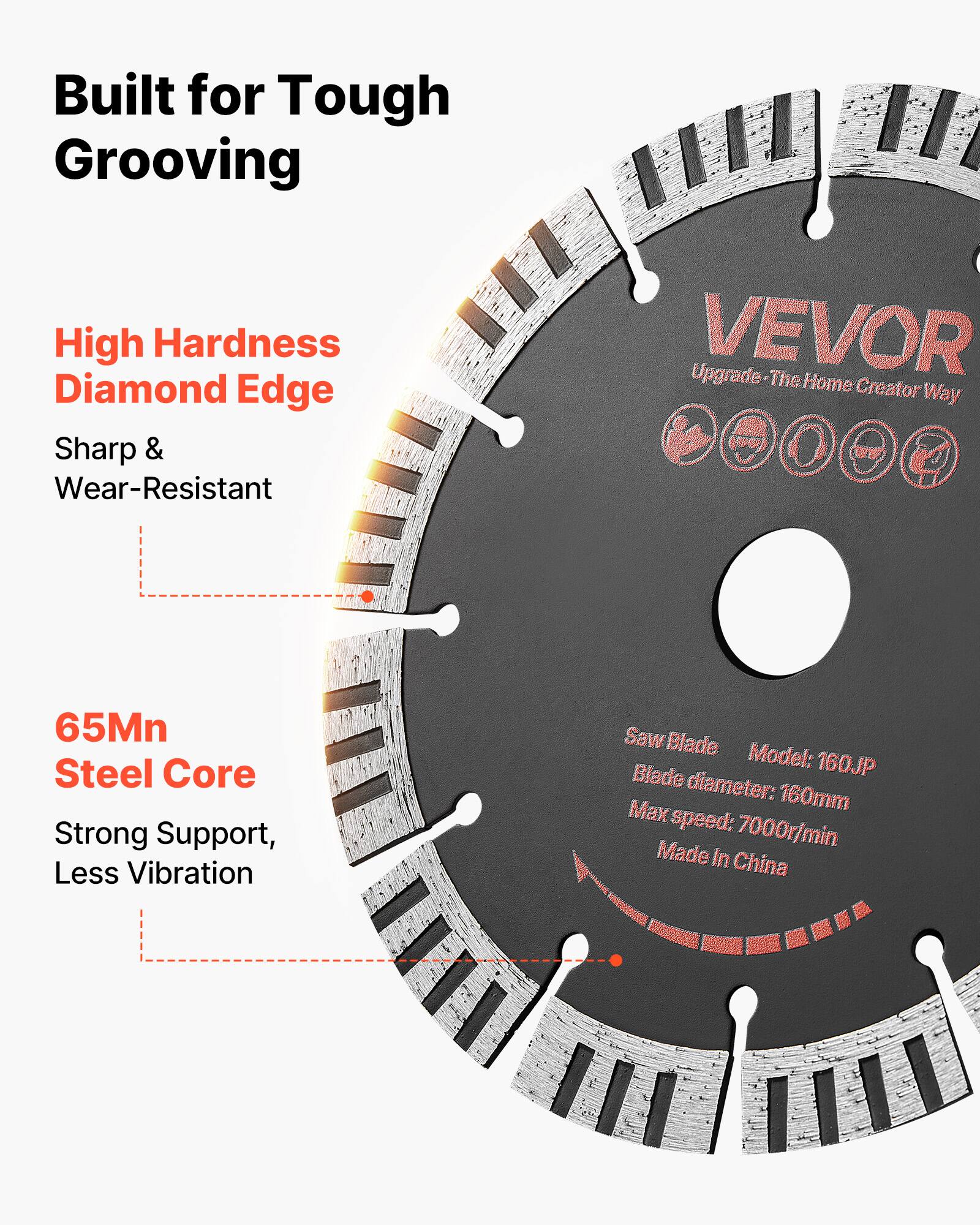 Built for Tough Grooving

High Hardness Diamond Edge
Sharp & Wear-Resistant

65Mn Steel Core
Strong Support, Less Vibration

VEVOR
Upgrade - The Home Creator Way

Saw Blade
Model: 160JP
Blade diameter: 160mm
Max speed: 7000r/min
Made In China