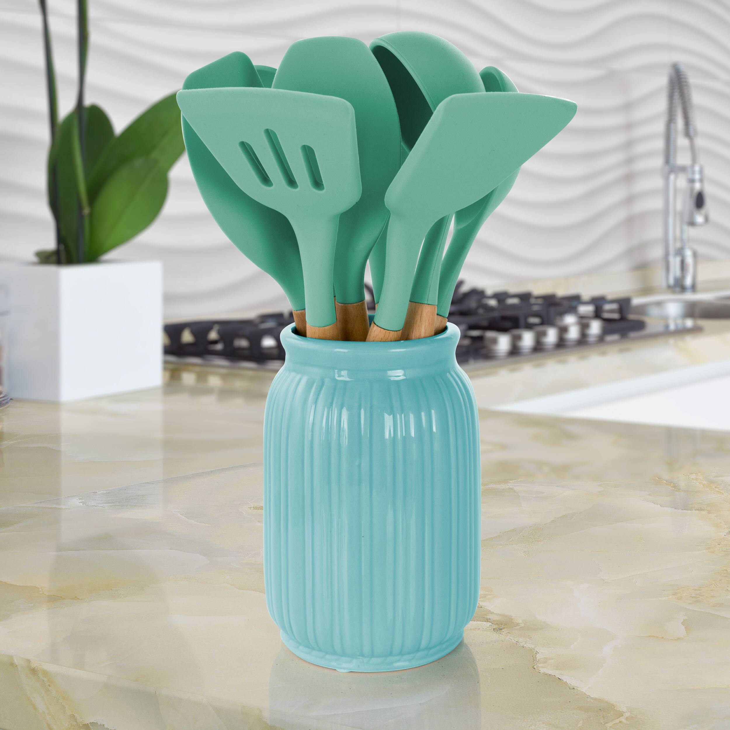 Alt View 3. MegaChef - MegaChef Mint Green Silicone and Wood Cooking Utensils, Set of 9 - Mint Green.