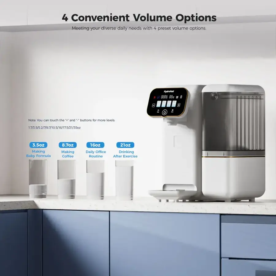 The text on the image is already grouped and correctly written. It reads: "4 Convenient Volume Options Meeting your diverse daily needs with 4 preset volume options. Mydrofont 290 Od di 0 Note: You can touch the " and  buttons for more levels: 17/3.5/5.2/7/8.7/10.5/16/175/21/35oz 3.5oz Making Baby Formula 8.7oz Making Coffee 16oz Daily Office Routine 21oz Drinking After Exercise."