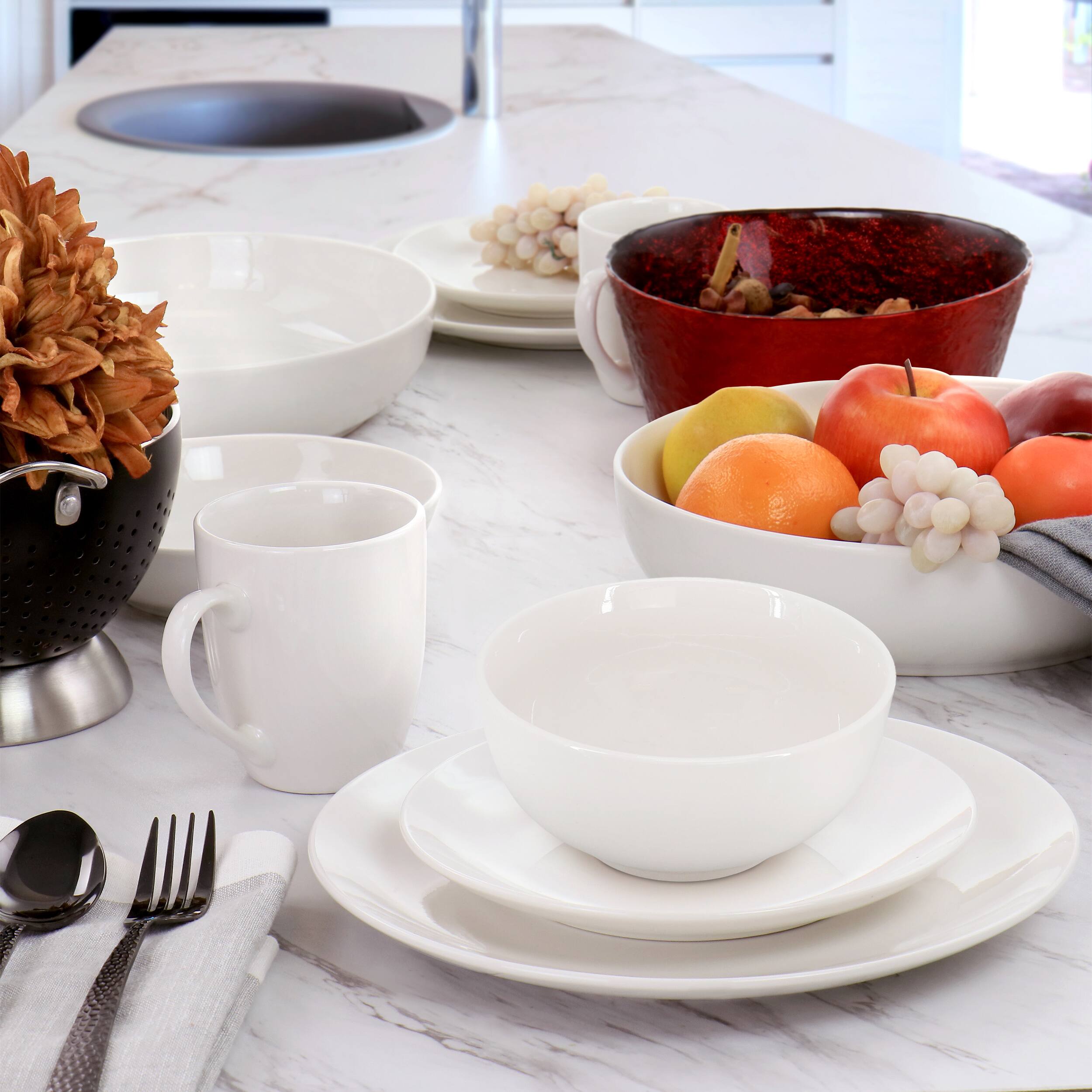 Alt View 6. Elama - Elama Iris 32 Piece Porcelain Dinnerware Set with 2 Large Serving Bowls in White - White.