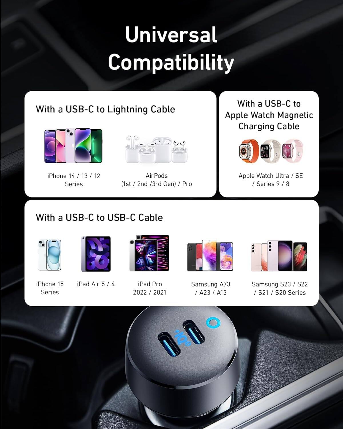 Universal Compatibility

With a USB-C to Lightning Cable
- iPhone 14 / 13 / 12 Series
- AirPods (1st / 2nd / 3rd Gen) / Pro

With a USB-C to Apple Watch Magnetic Charging Cable
- Apple Watch Ultra / SE / Series 9 / 8

With a USB-C to USB-C Cable
- iPhone 15 Series
- iPad Air 5 / 4
- iPad Pro 2022 / 2021
- Samsung A73 / A23 / A13
- Samsung S23 / S22 / S21 / S20 Series