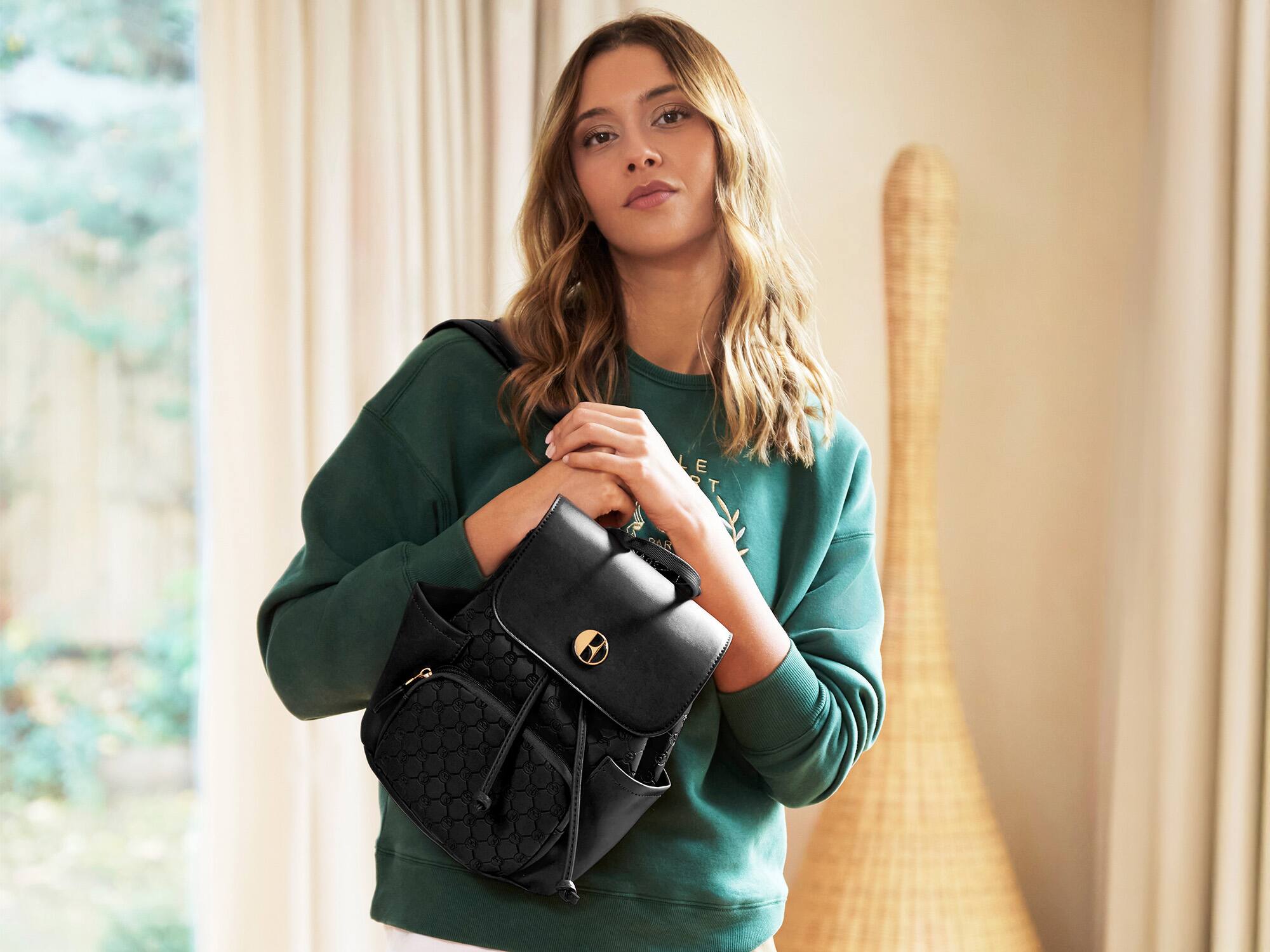 Alt View 3. Elle - ELLE Compass 10L Vegan Leather Monogram Mini Backpack - Black - Black.