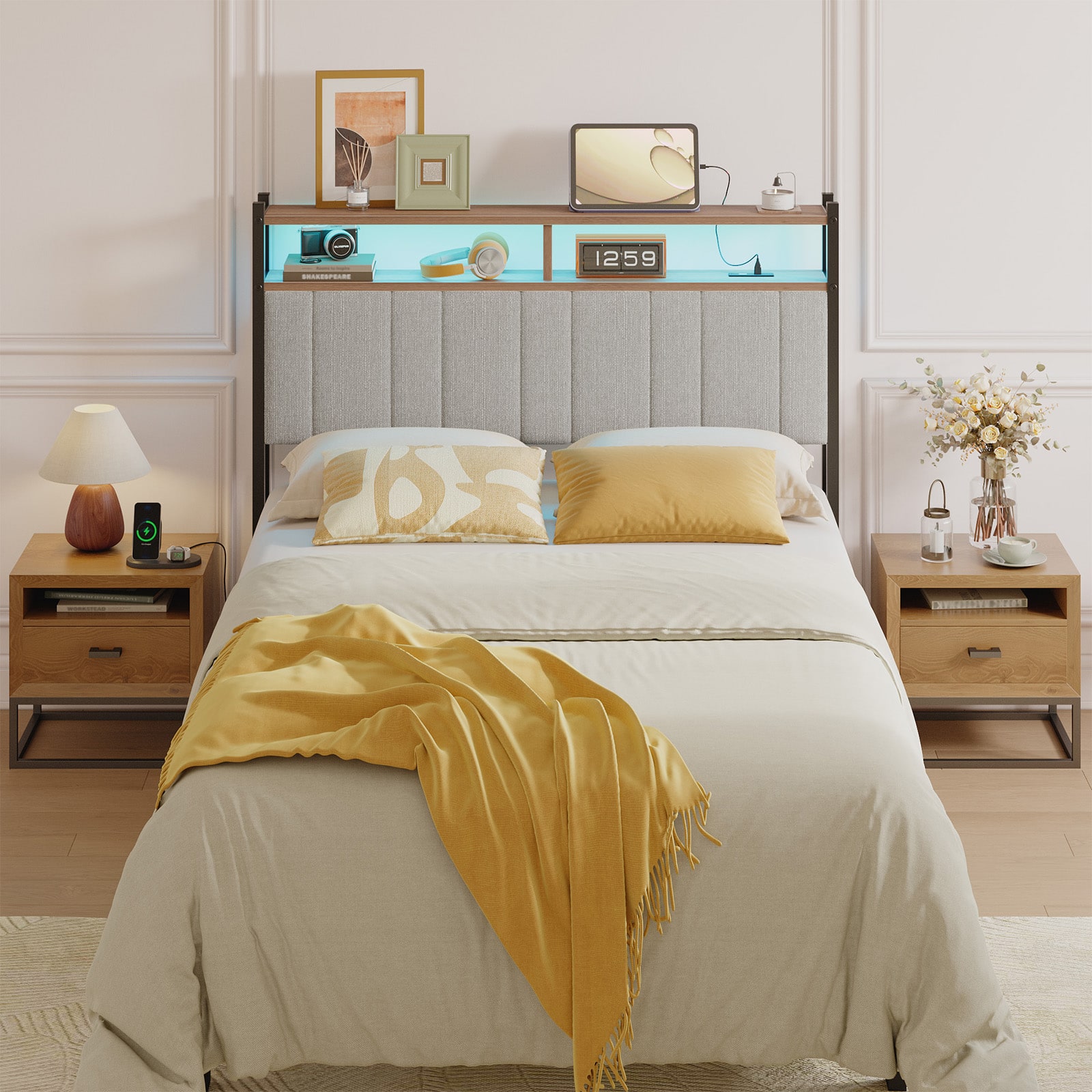 The text "CCAE 1259 POS" is not present in the image. The image features a bed with a yellow blanket, pillows, and a clock. There is also a lamp and a vase in the scene.