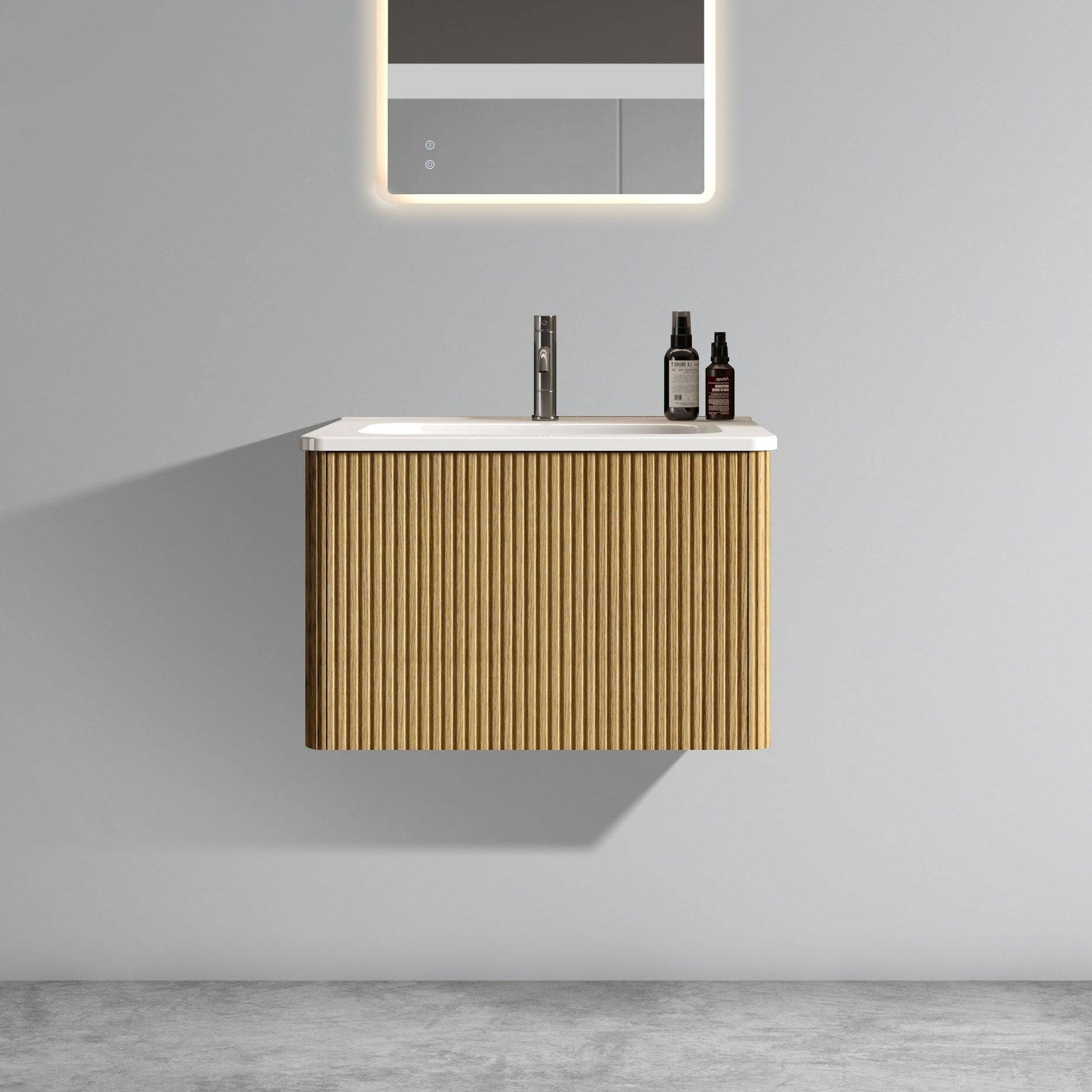 Alt View 2. Boyel Living - 24 Inch Striped Natural Oak Wall Mounted Floating Bathroom Vanity with White Ceramic Sink, Modern Style, Pre-Assembled - White+Oak.