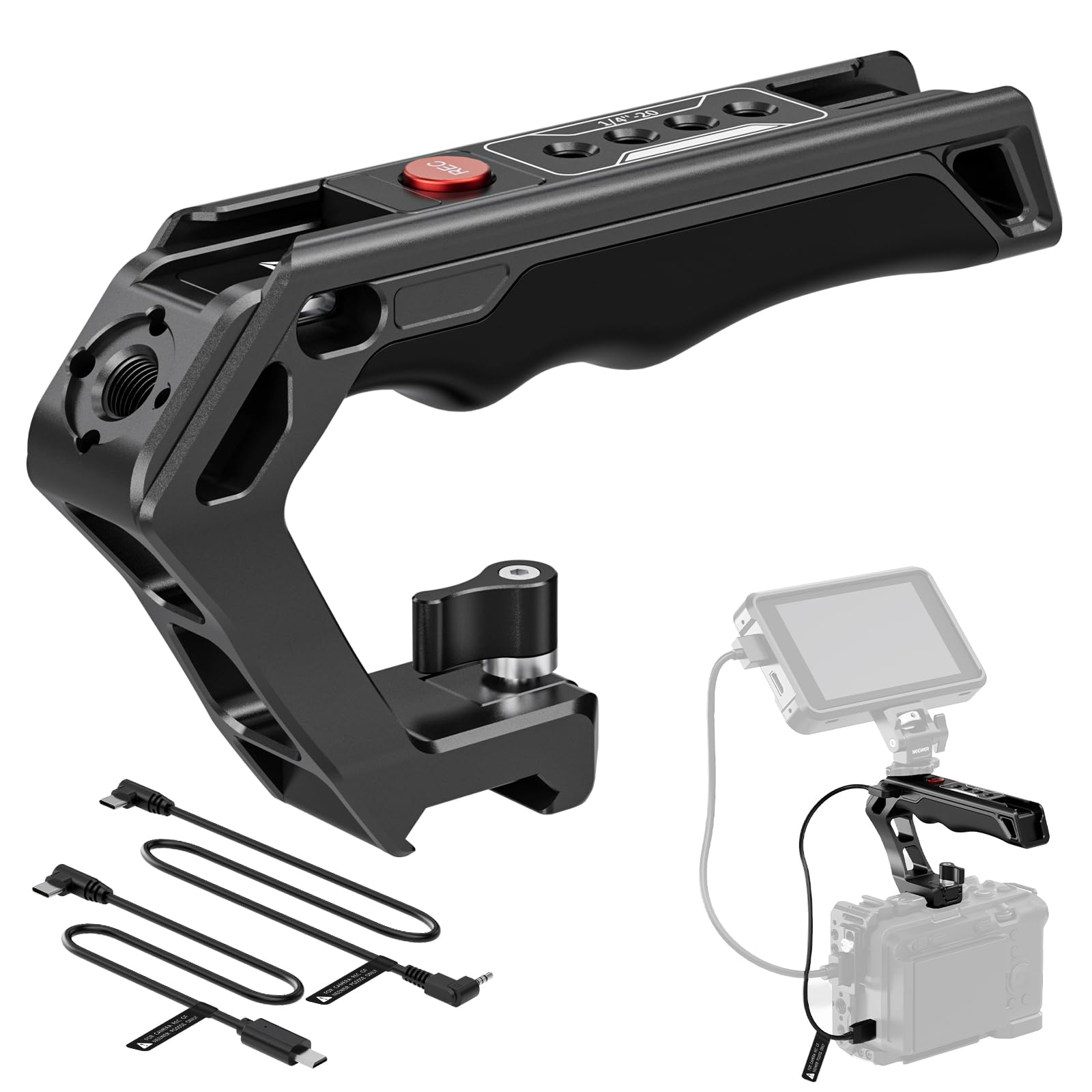 Back. Neewer - NATO Top Handle with Record Button, Silicone Grip, QR Clamp, Cold Shoes, PG005E - Black.