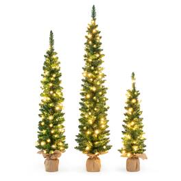 Gymax - Set of 3 Pre-Lit Artificial Christmas Trees 3 PCS 3 4 5 FT Slim Pencil Xmas Tree - Green, Beige