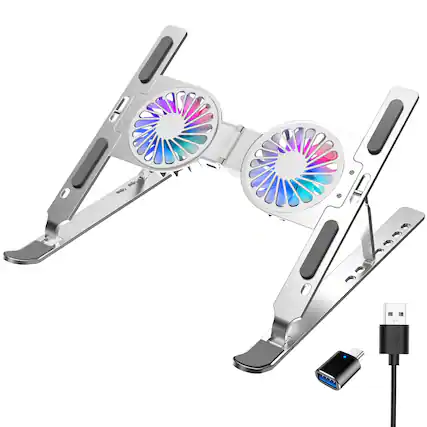 Front. Purely - F82 Adjustable 18" Collapsible Laptop Cooling Stand with USB Port - Silver.