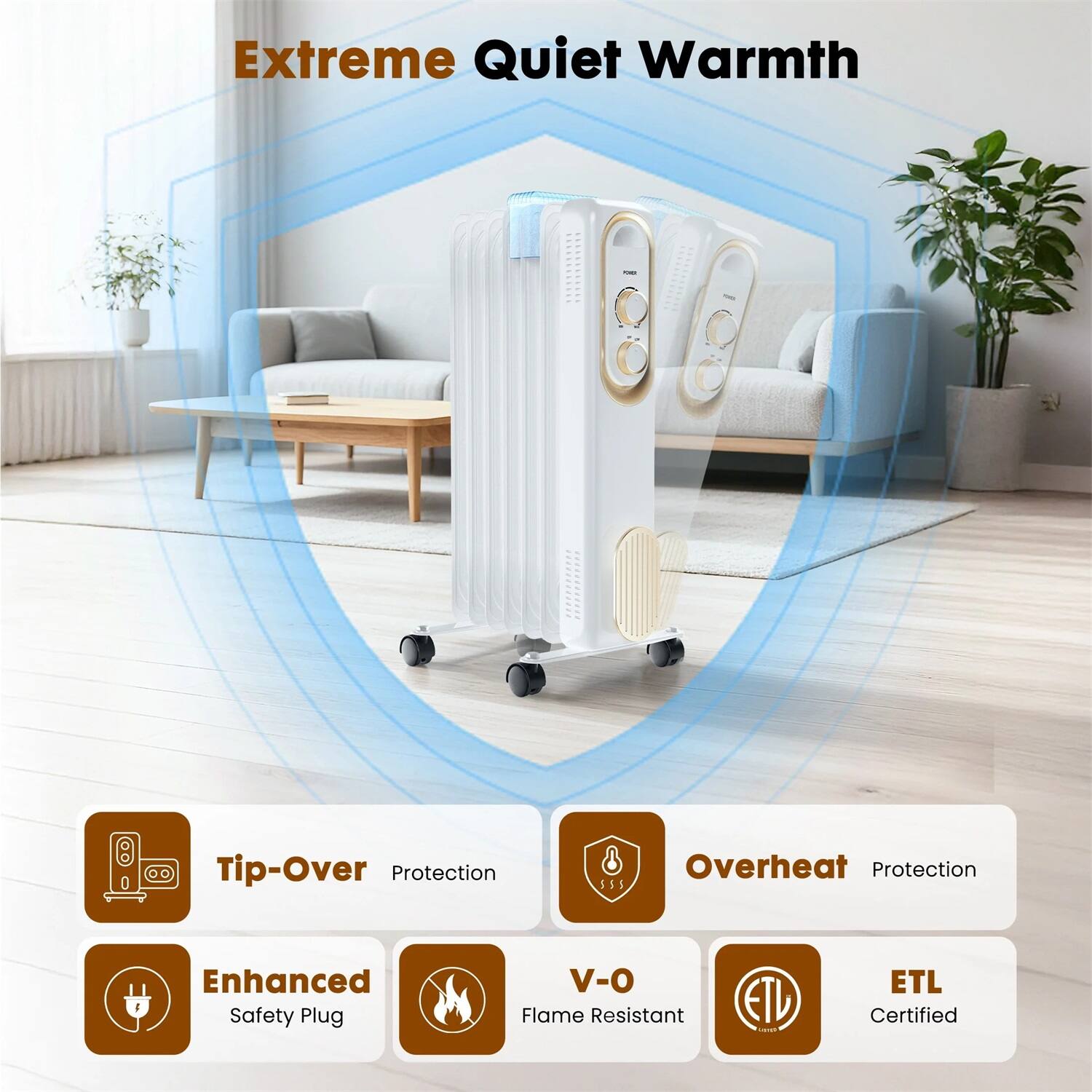 Extreme Quiet Warmth

- Tip-Over Protection
- Overheat Protection
- Enhanced Safety Plug
- V-O Flame Resistant
- ETL Certified
