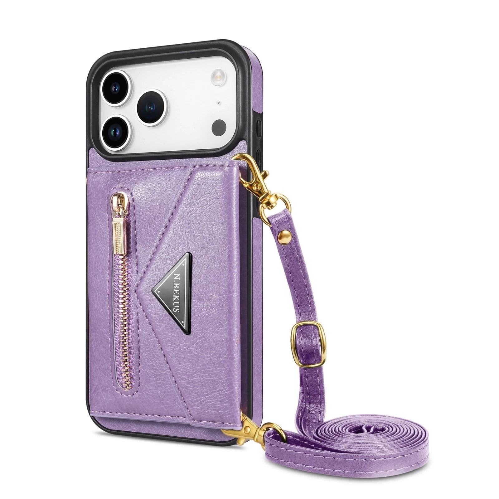 Alt View 4. UUCOVER - Wallet Case for Apple iPhone 17 Pro with Card Slots Holder, Zipper Pocket and Shoulder Strap, Flip Kickstand Phone Cover - Purple.