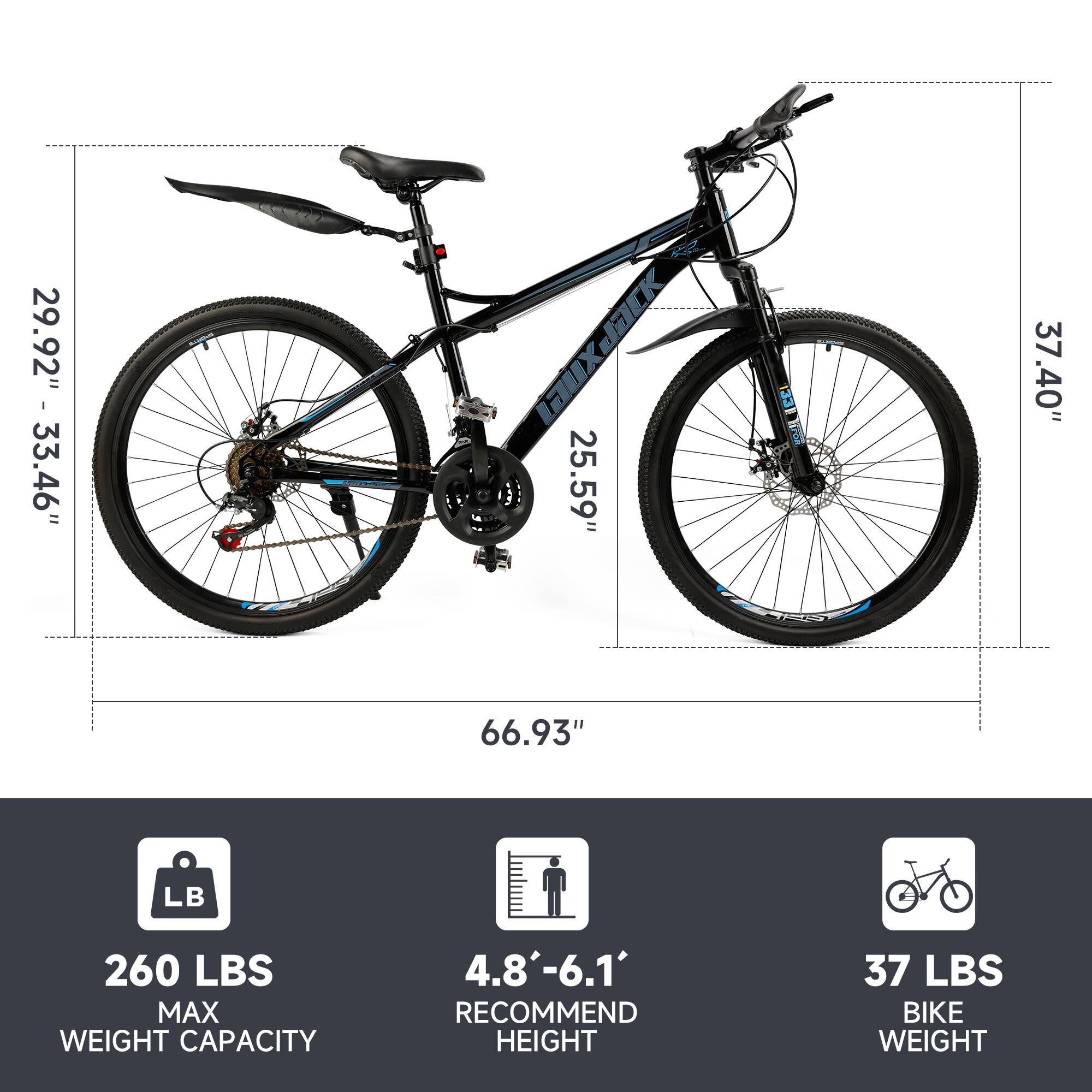 29.92" - 33.46"  
25.59"  
37.40"  
66.93"  

260 LBS MAX WEIGHT CAPACITY  
4.8'-6.1' RECOMMEND HEIGHT  
37 LBS BIKE WEIGHT
