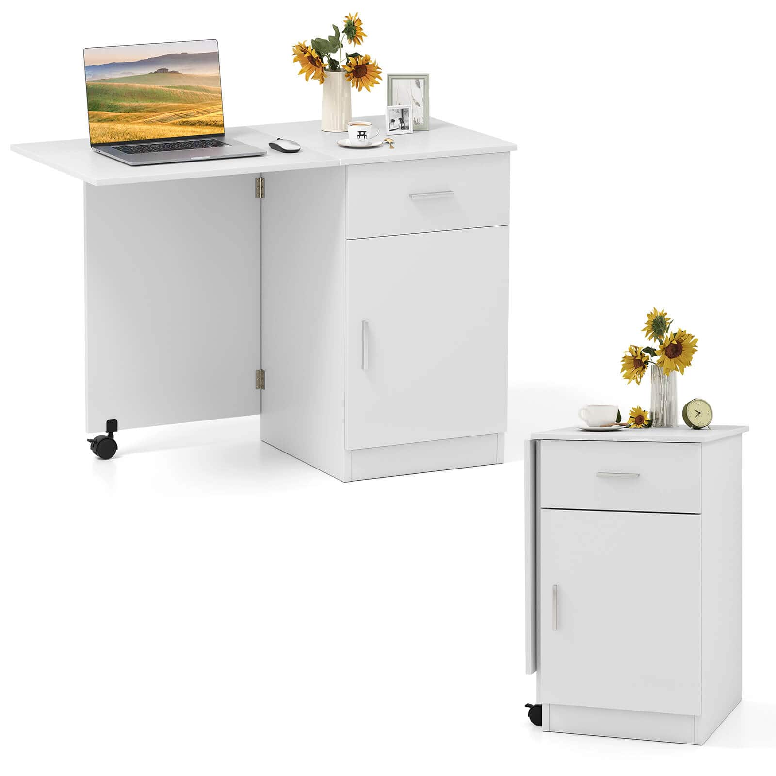 Front. Costway - Costway Folding Computer Desk with Drawer Cabinet & Adjustable Shelf Wheel for Living Room, White - White.