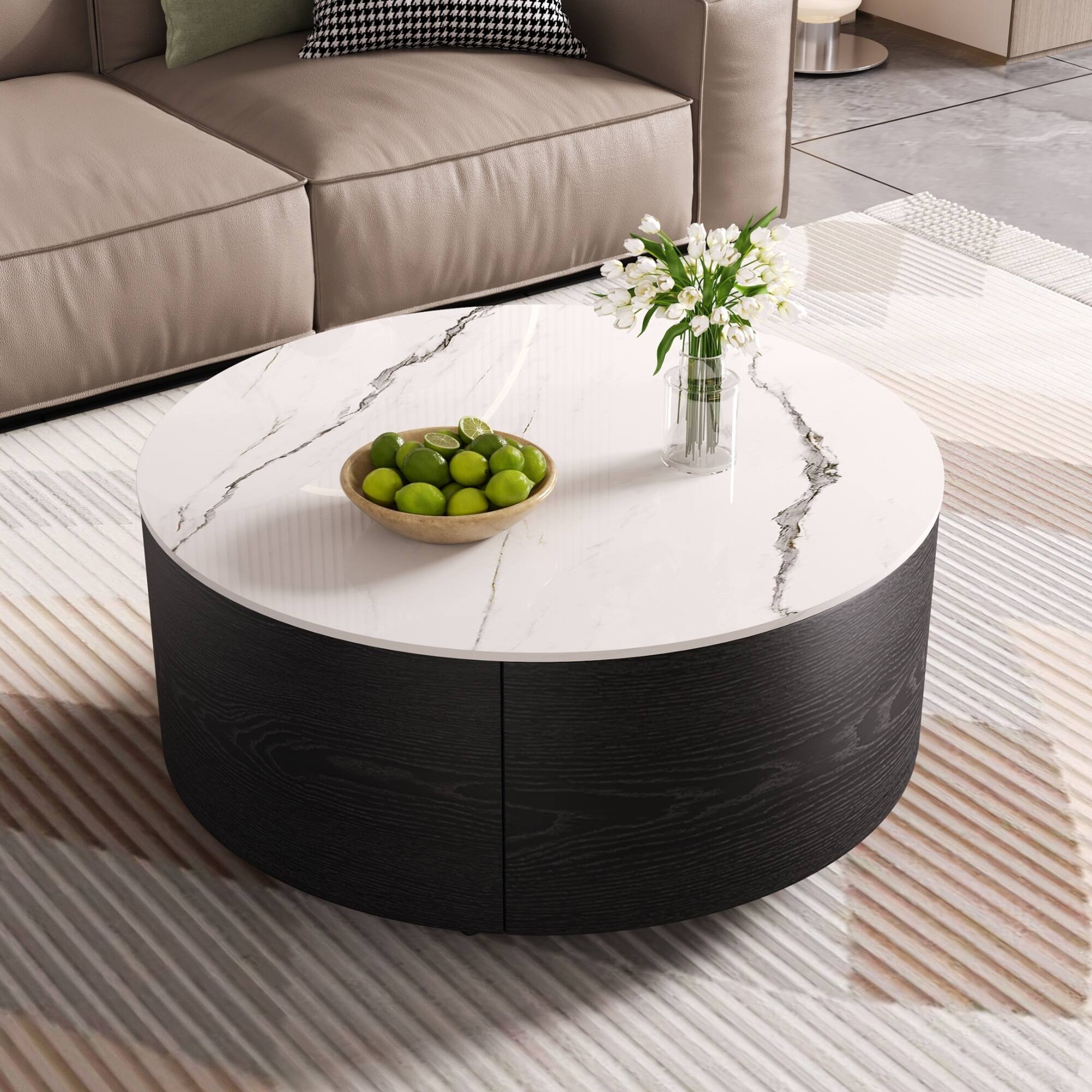 Back. GOODSILO - Modern Round Mobile Coffee Table with Two Drawers and Marble-Pattern Top - Black.