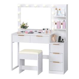 Winado - Fluted Vanity Desk with Lights & Power Outlet Drawer Makeup Dressing Table with 3 Color Mirror & Side Storage Shelves - White