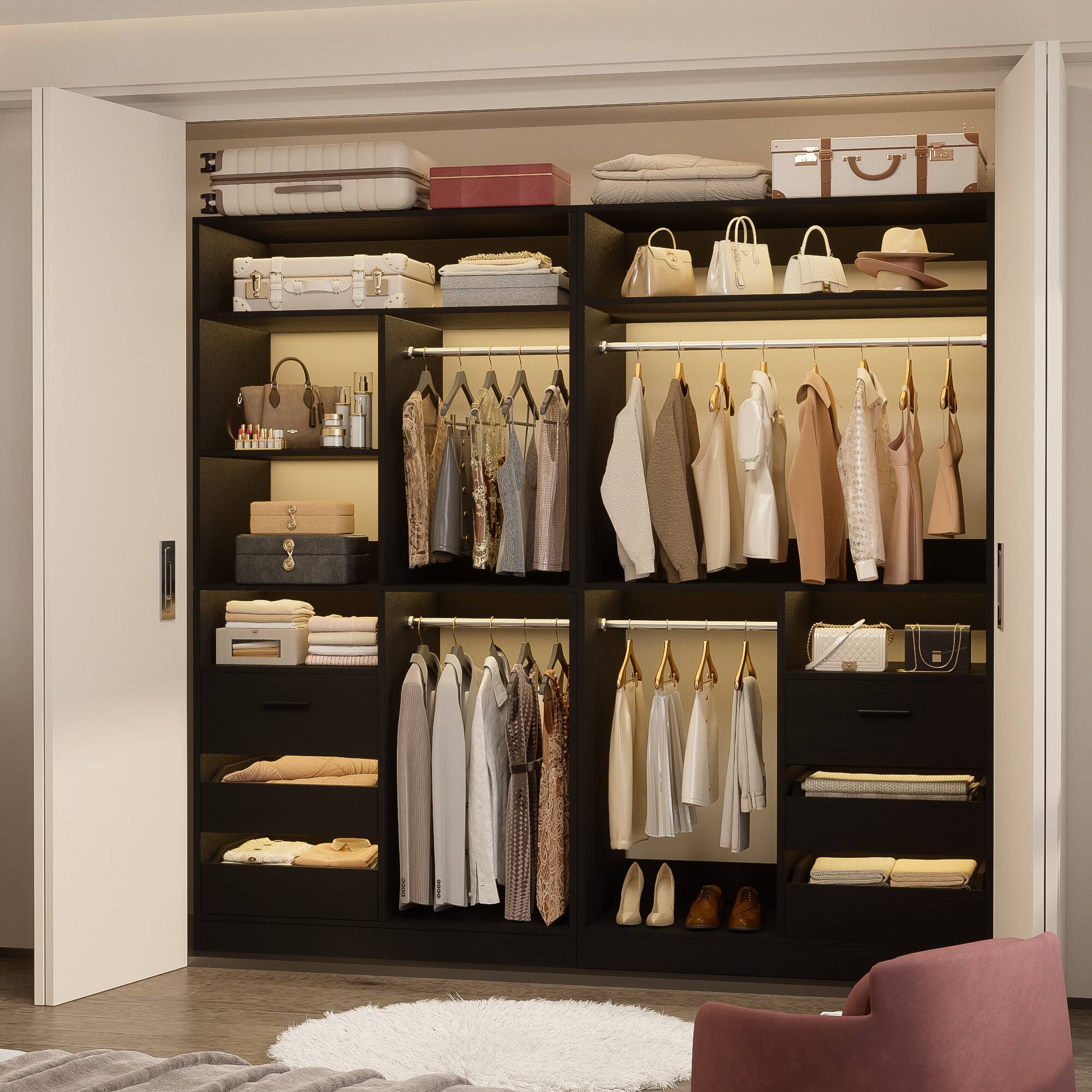 Left. Aheaplus - 2-Set 72" Heavy Duty Walk-in Wardrobe, Closet Organizer with 6 Drawers & 4 Hanging Rods for Home/Garage - Black.