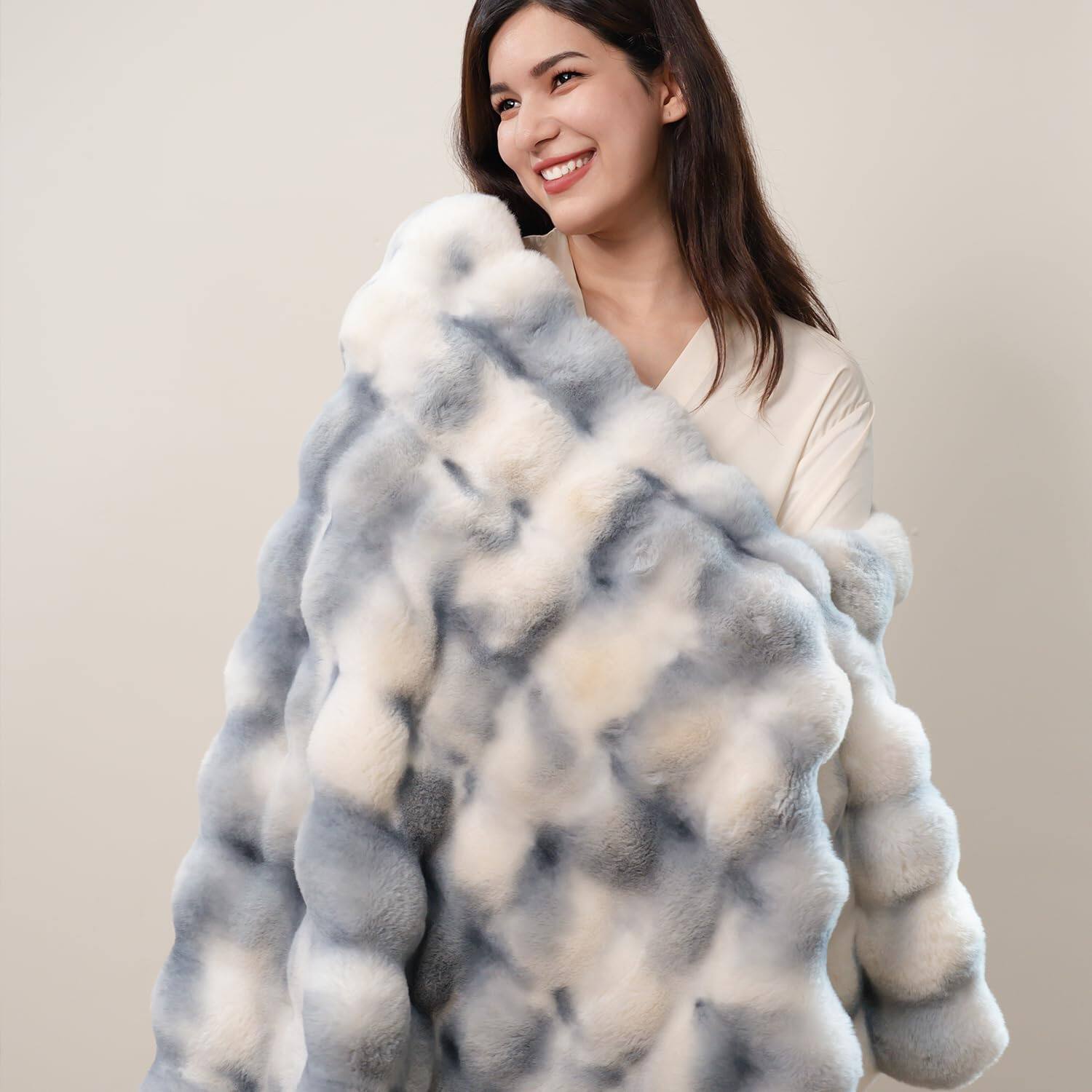 Alt View 2. Alchemy Casas - Super Comfort Warm Thick sm Luxurious Plush Rabbit Faux Throw Blanket Fluffy Bubble Soft Cozy For Couch Chair - Blue White Throw(50" x 60").