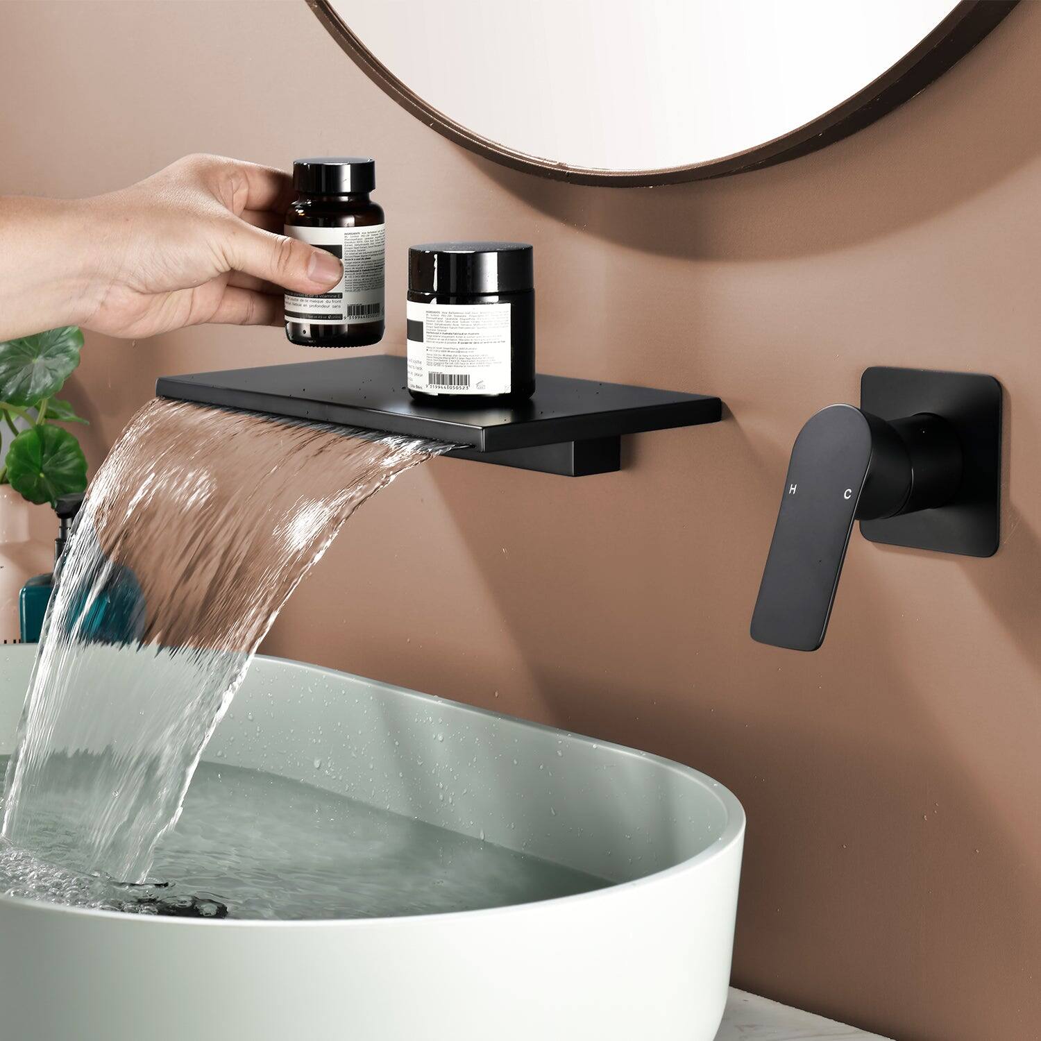 Alt View 4. Boyel Living - Black Wall Mount Faucet SUS304 Waterfall Spout Brass Body Single Handle 1/2NPT Thread - Matte Black.