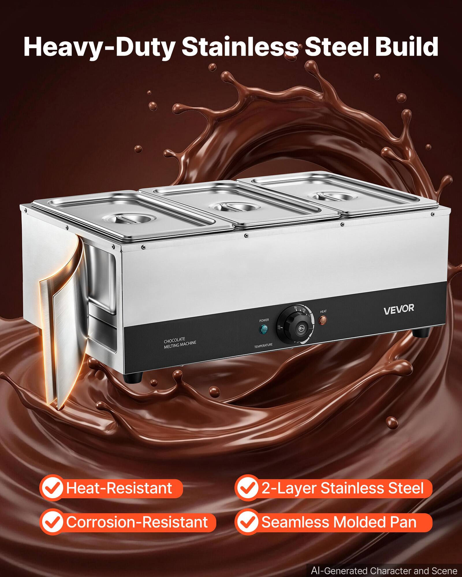Heavy-Duty Stainless Steel Build

POWER
MAY
VEVOR
CHOCOLATE MACHINE MELTING
TEMPERATURE

Heat-Resistant
2-Layer Stainless Steel
Corrosion-Resistant Seamless Molded Pan

AI-Generated Character and Scene
