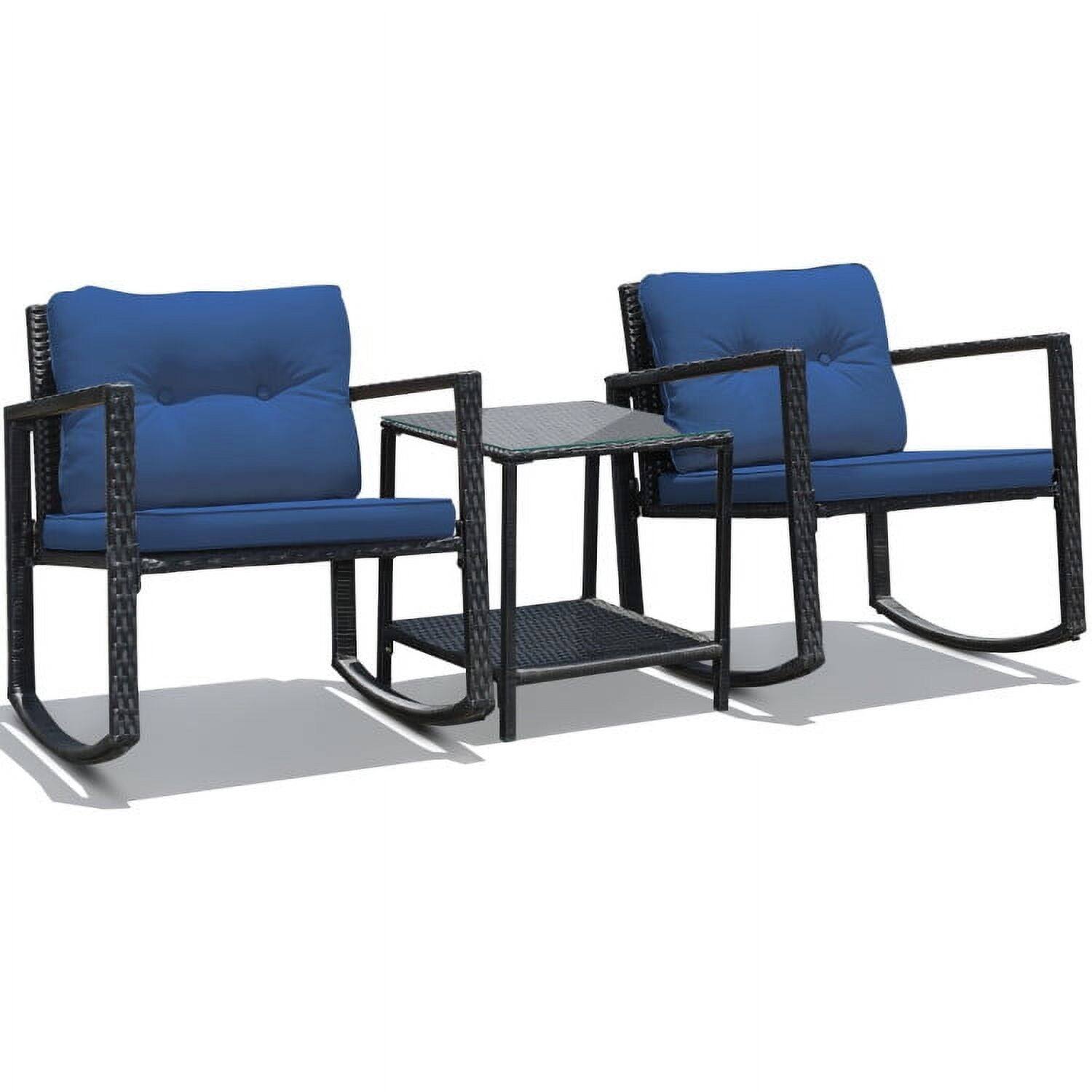 Alt View 3. Kadyn - 3 Pc Rocking Bistro Set with Cushioned Sofa, Outdoor Rattan Furniture with Rocker Chairs and Coffee Table 3-Pc Set, Balc - Blue.