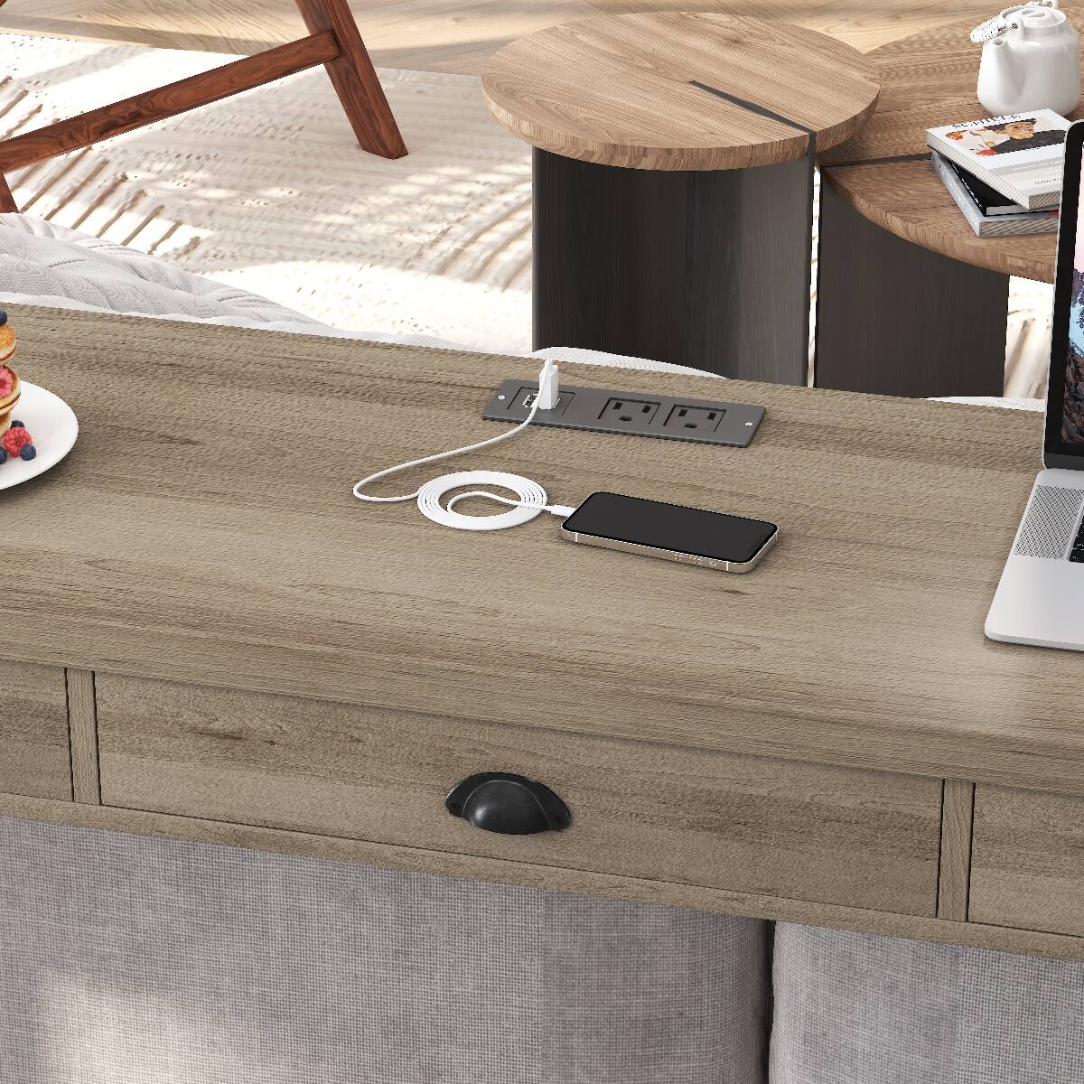 Alt View 1. Loheer - Loheer Dining Table Set With Three Stools and Tabletop Power Outlets, Brown Gray and Black - Brown Gray Table and Black Stool.