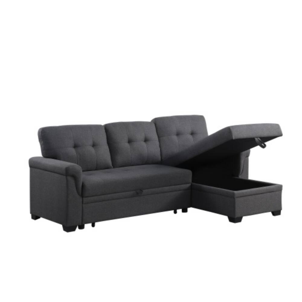Alt View 4. LUCKY ONE - 84" Dark Gray Linen Reversible Sleeper Sectional Sofa with Storage Chaise, Pull-Out Bed, Space-Saving Design - Dark Gray.