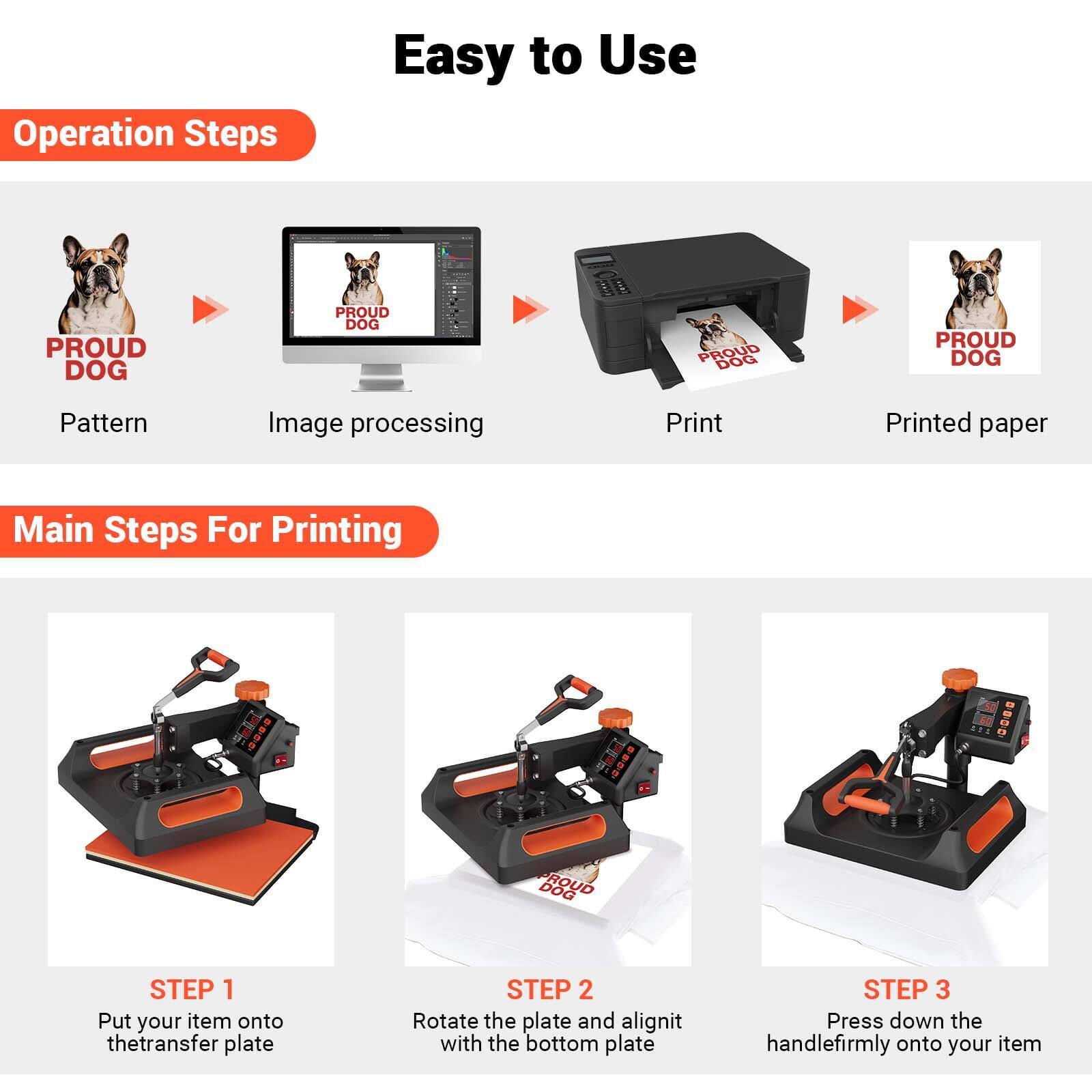 Easy to Use

Operation Steps
- Pattern
- Image processing
- Print
- Printed paper

Main Steps For Printing
- STEP 1: Put your item onto the transfer plate
- STEP 2: Rotate the plate and align it with the bottom plate
- STEP 3: Press down the handle firmly onto your item