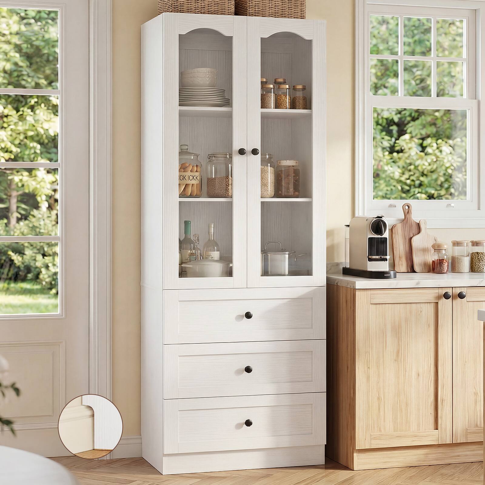 Aheaplus - 80'' Tall Pantry Cabinet with 3 Wooden Drawers, Glass Doors, and Adjustable Shelves - White