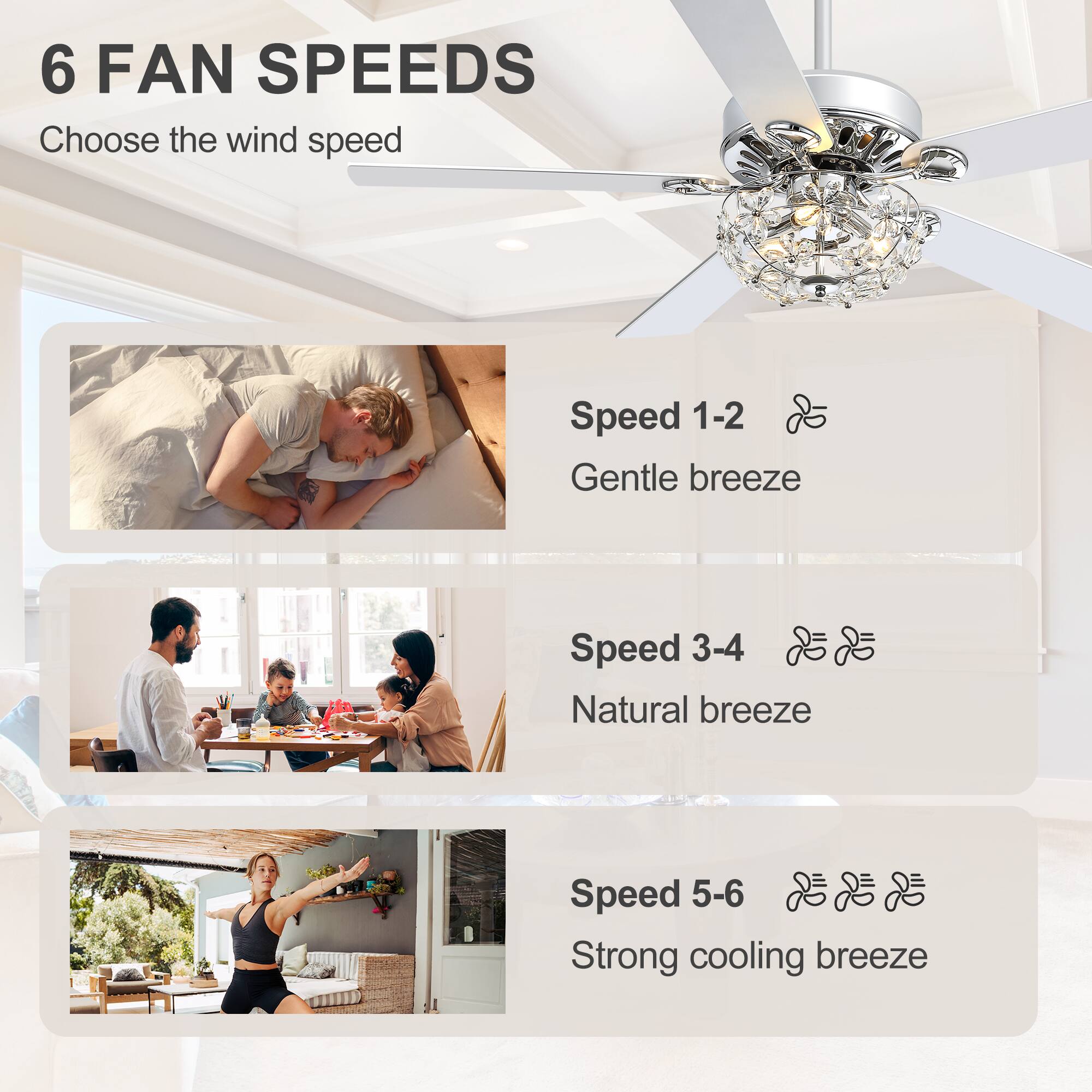 6 FAN SPEEDS  
Choose the wind speed

Speed 1-2  
Gentle breeze

Speed 3-4  
Natural breeze

Speed 5-6  
Strong cooling breeze