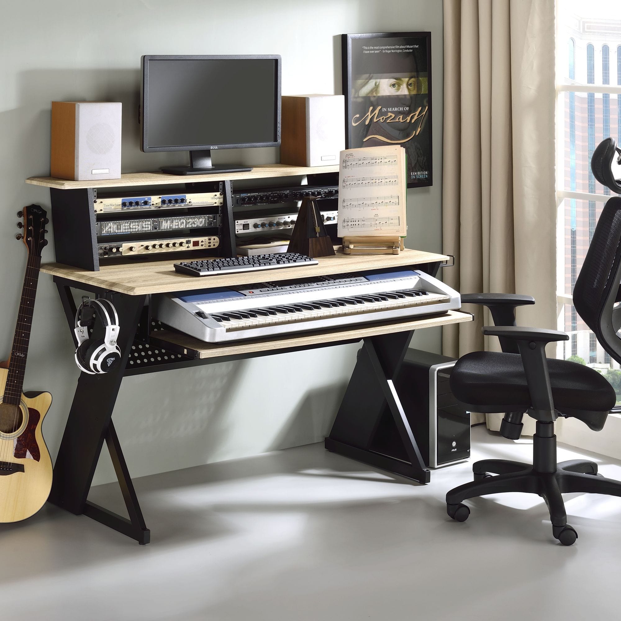 GOODSILO - Professional Music Production Studio Desk with Keyboard Tray and Cable Management System for Home Recording - Oak