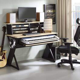 GOODSILO - Professional Music Production Studio Desk with Keyboard Tray and Cable Management System for Home Recording - Oak