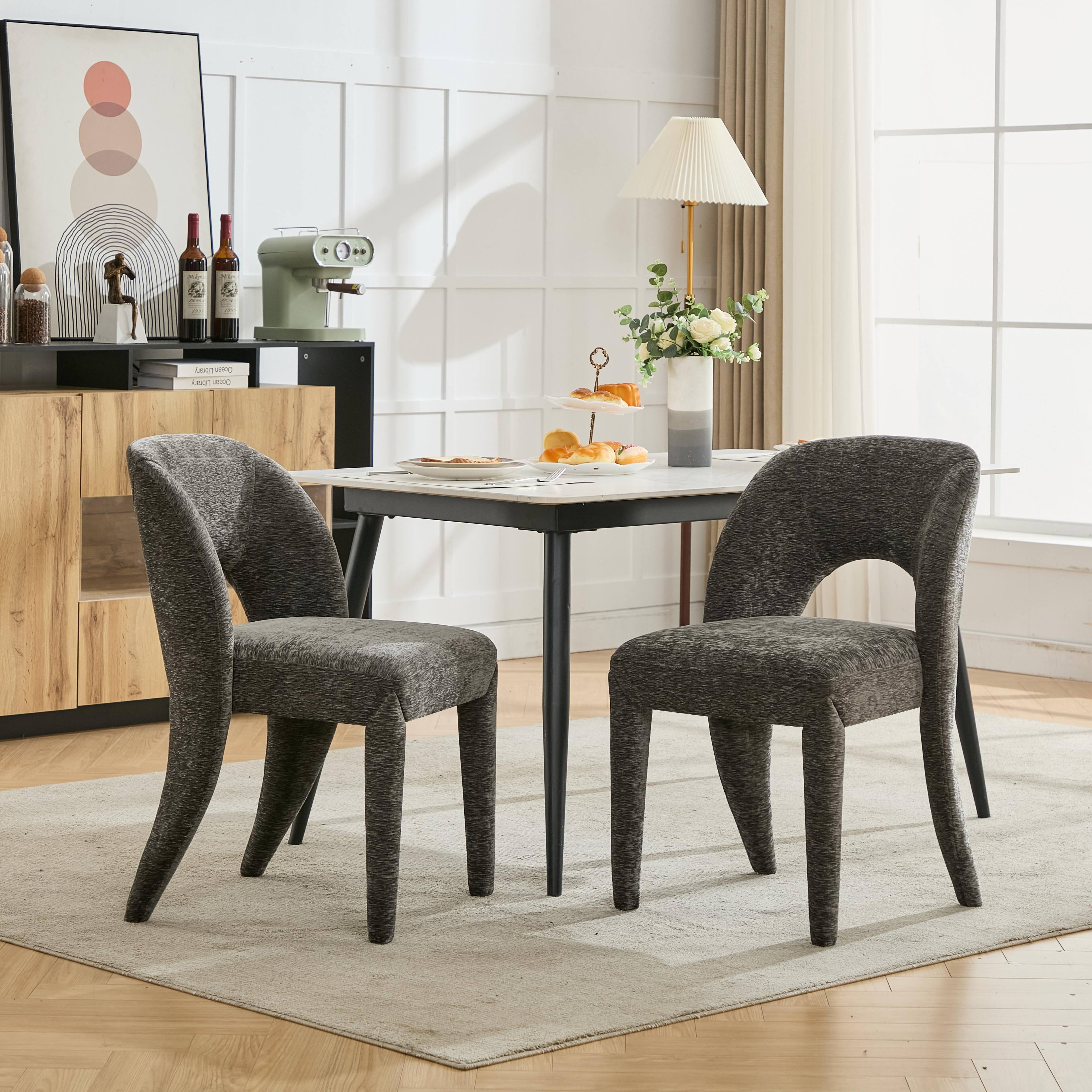 Front. TinyHomie - Grey chenille dining chair features a hollowed-out backrest design Set of 2 Suitable for restaurant kitchens - Grey.