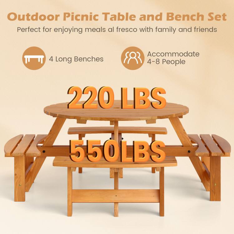 Outdoor Picnic Table and Bench Set  
Perfect for enjoying meals al fresco with family and friends  
4 Long Benches  
Accommodate 4-8 People  
220 LBS  
550 LBS