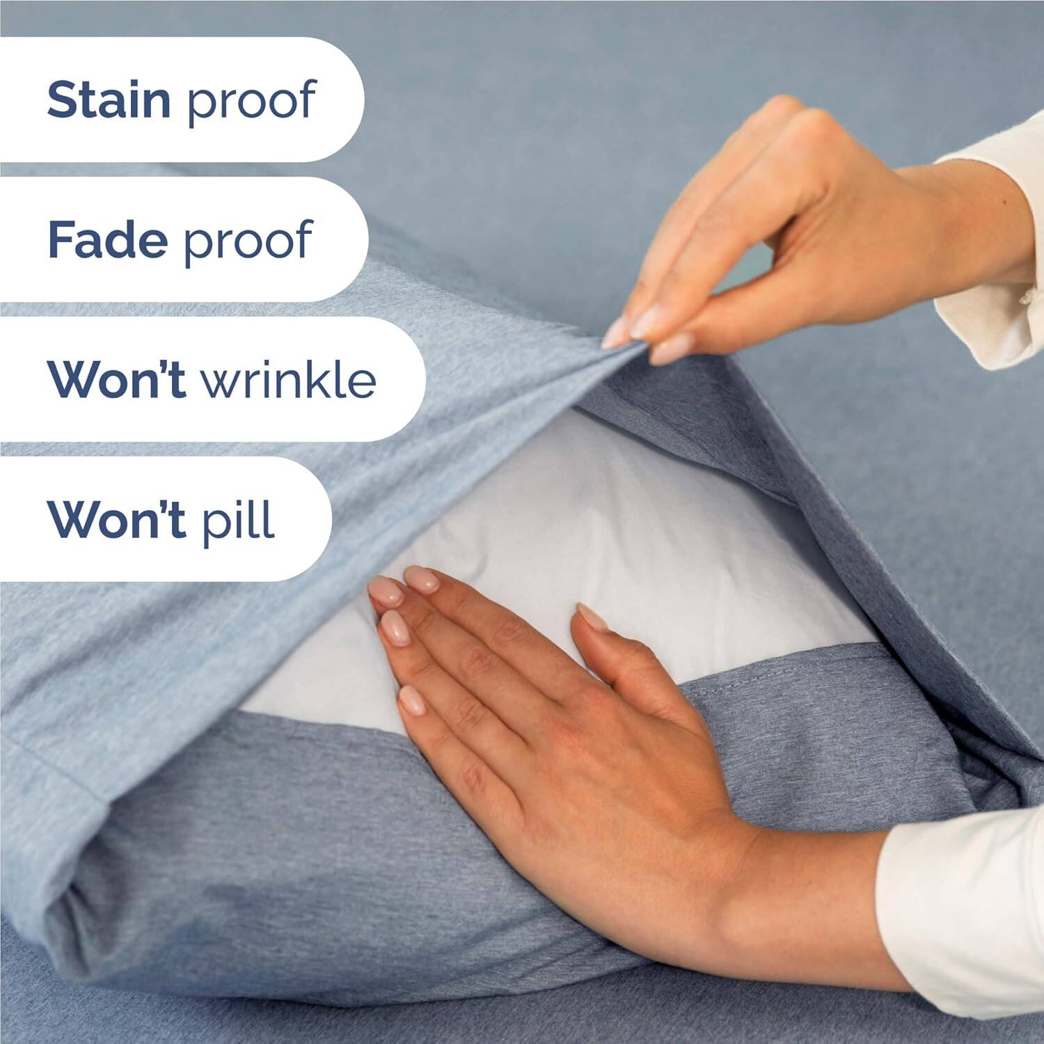 Stain proof  
Fade proof  
Won't wrinkle  
Won't pill