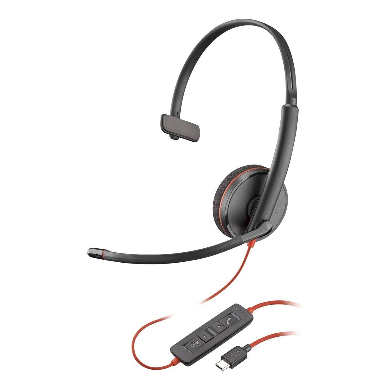 Angle. HP - HP Poly Blackwire 3210 USB-C Wired Monaural Headset, Black - Red.