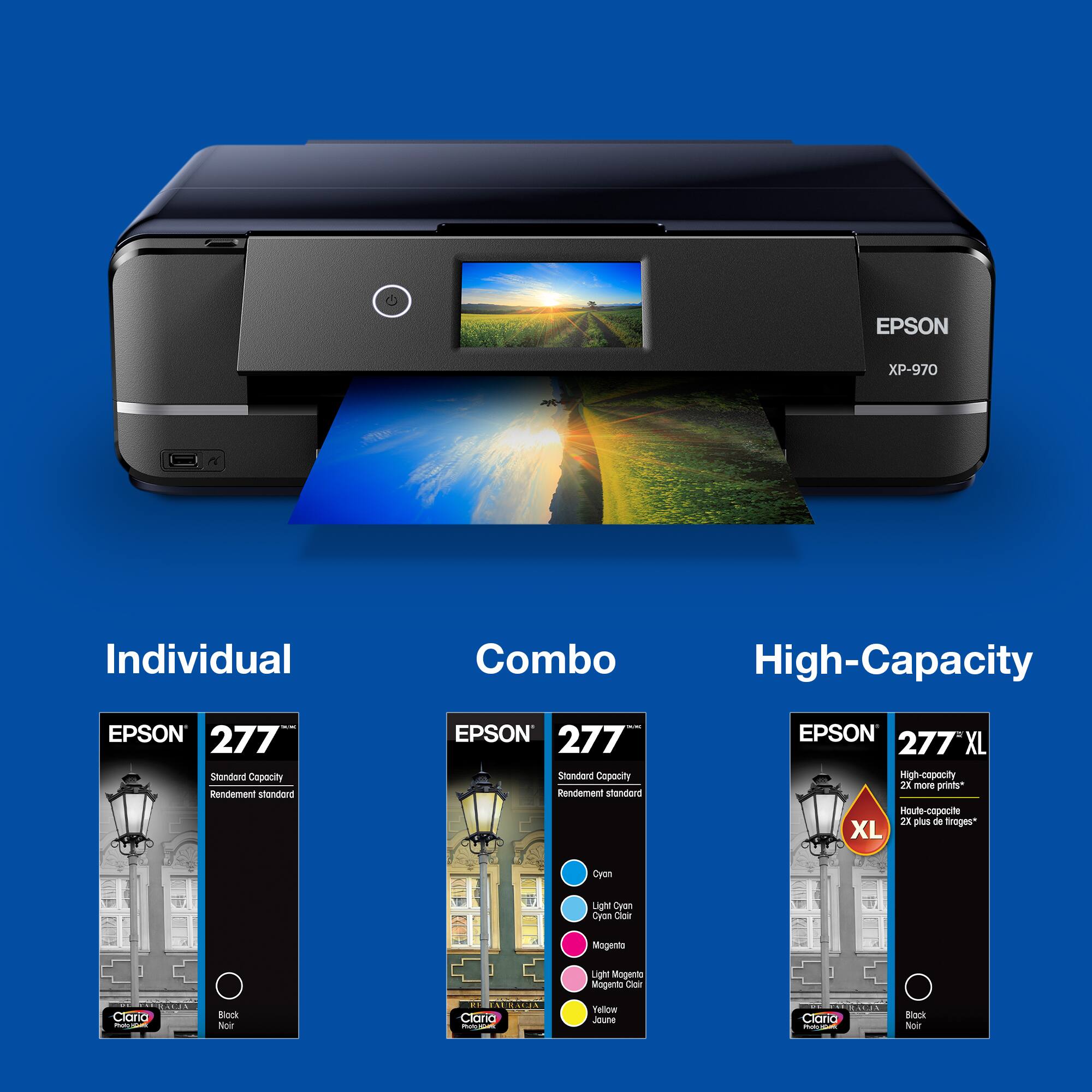 EPSON XP-970 Individual Combo High-Capacity EPSON 277 Standard Capacity Rendement standard EPSON 277 Standard Capacity Rendement standard EPSON 277 XL High-capacity 2X more prints* Haute-capacité 2x plus de pages* XL Cyan Light Cyan Oyon Magenta Light Magenta Magenta Claria - : Black Noir Claria - Taliow Ju Claria ! Black Noir