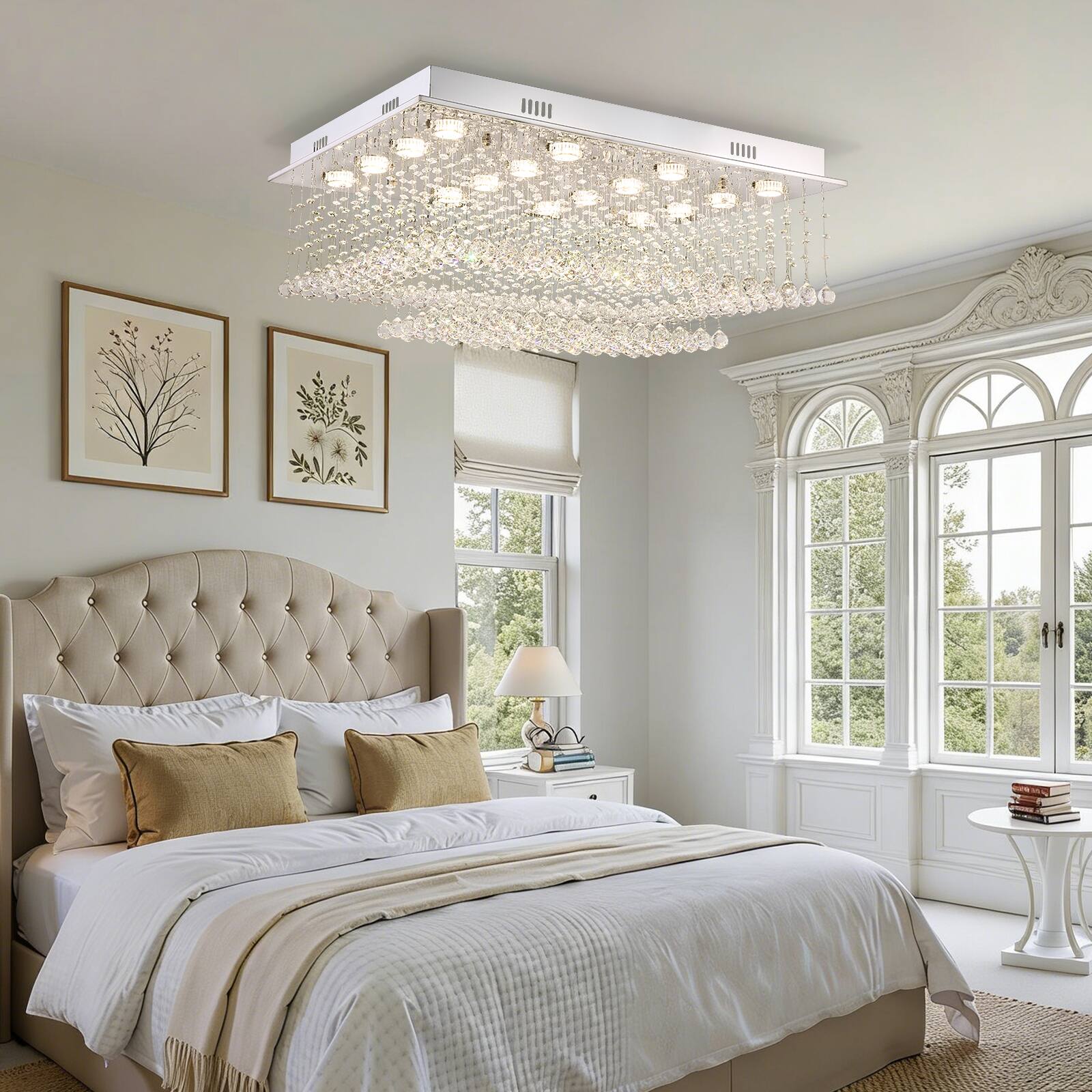 Alt View 2. Siljoy - 35.4" Luxury Rectangular K9 Crystal Flush Mount Light, Modern Waterfall Chandelier for Living Room Dining Foyer - Chrome.