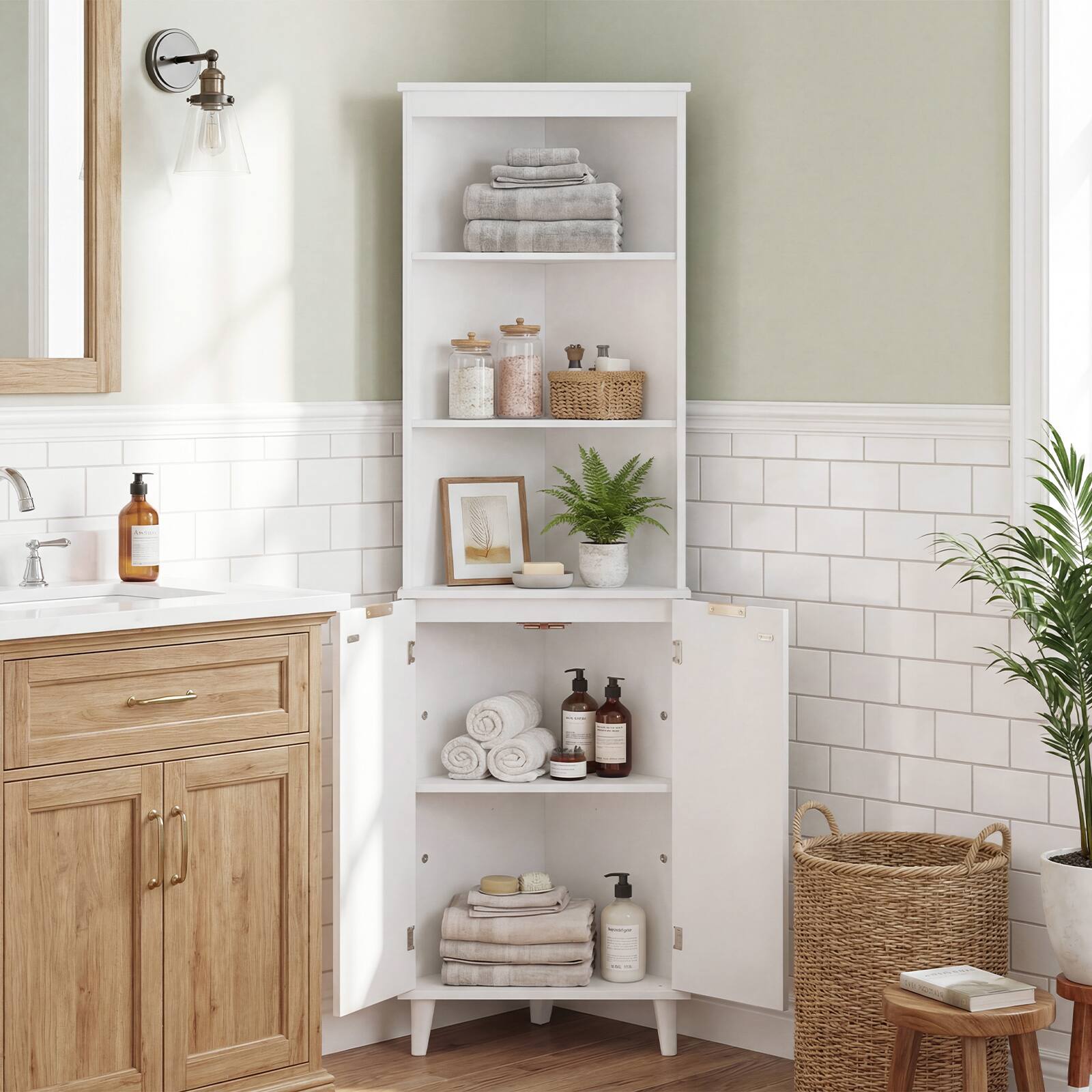Alt View 3. Costway - Costway 68" Tall Corner Cabinet with Fluted Doors, Modern Bathroom Floor Storage Cabinet - White.