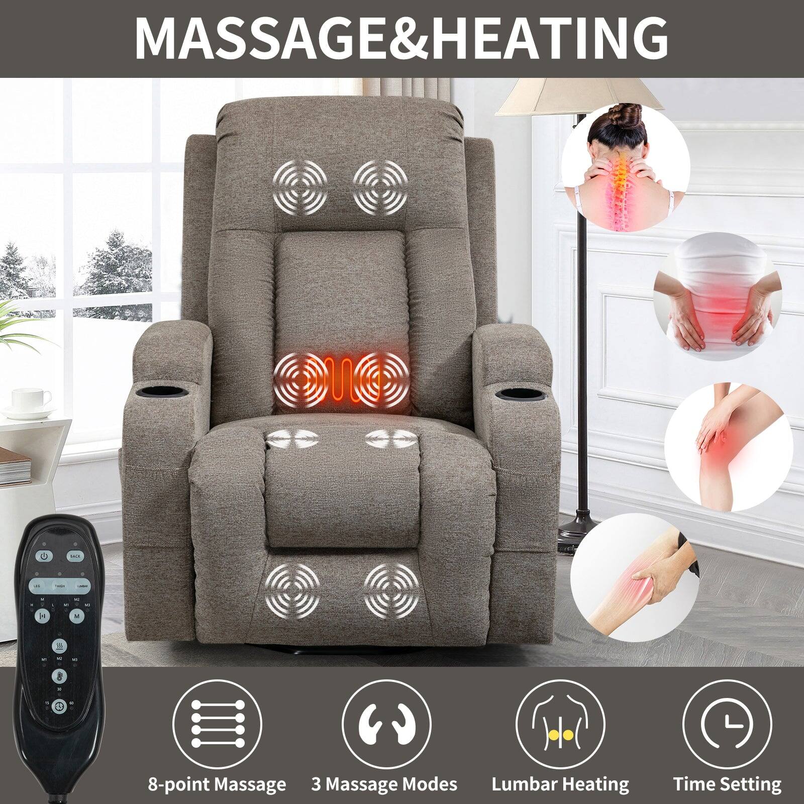 MASSAGE&HEATING
8-point Massage
3 Massage Modes
Lumbar Heating
Time Setting