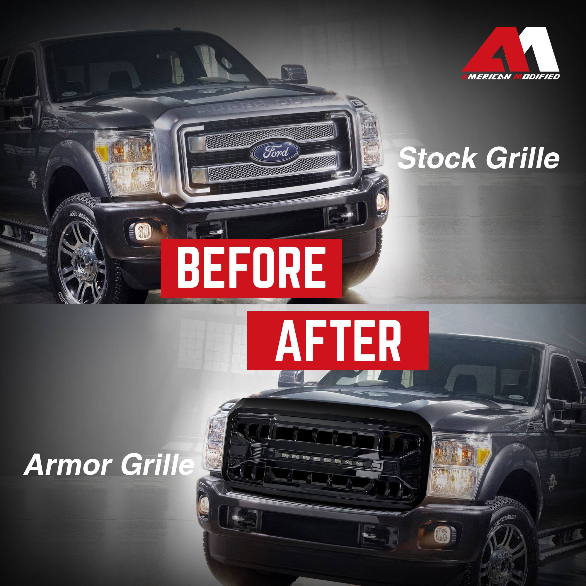 Sure, here is the corrected and grouped text:

---

**Before**

Stock Grille

**After**

Armor Grille

---

**American Modified**