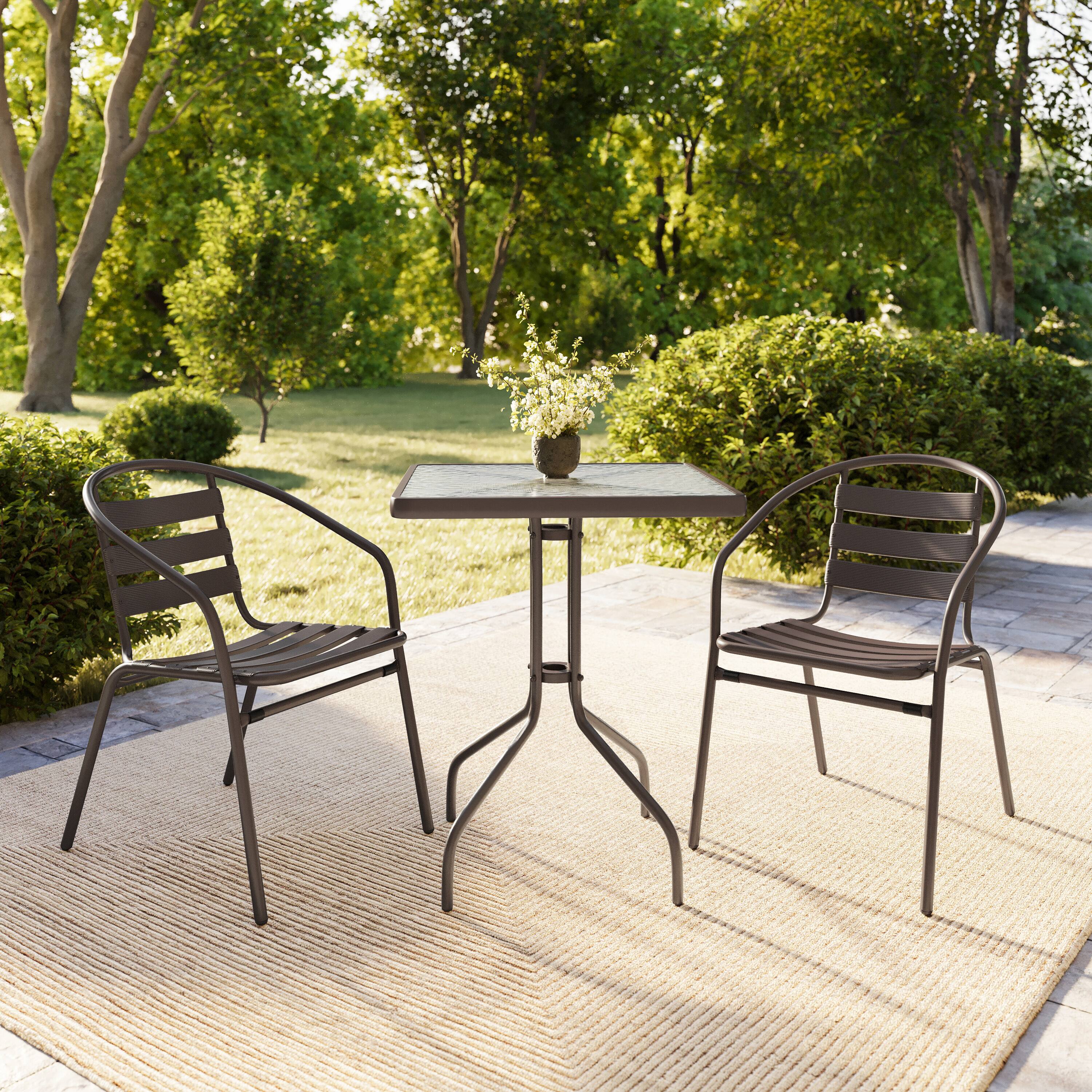 Alt View 2. Flash Furniture - Lila 23.5'' Square Glass Top Metal Table with 2 Bronze Aluminum Slat Stack Chairs - Brown.