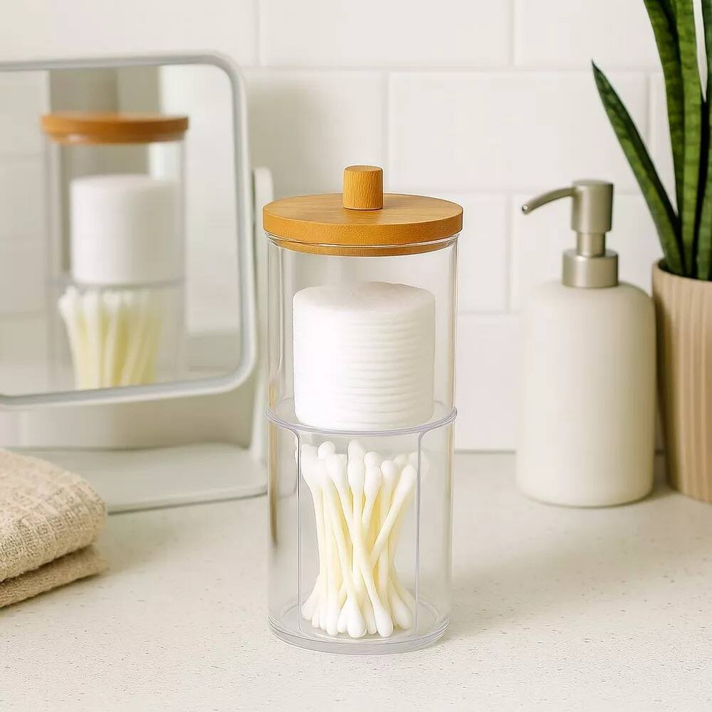 Angle. Elle - Acrylic Q-tip Dispenser and Cotton Pad Holder with Bamboo Lid, 2 Tier Nonslip Bathroom Organizer Jar Vanity Storage - Clear/Natural Bamboo.