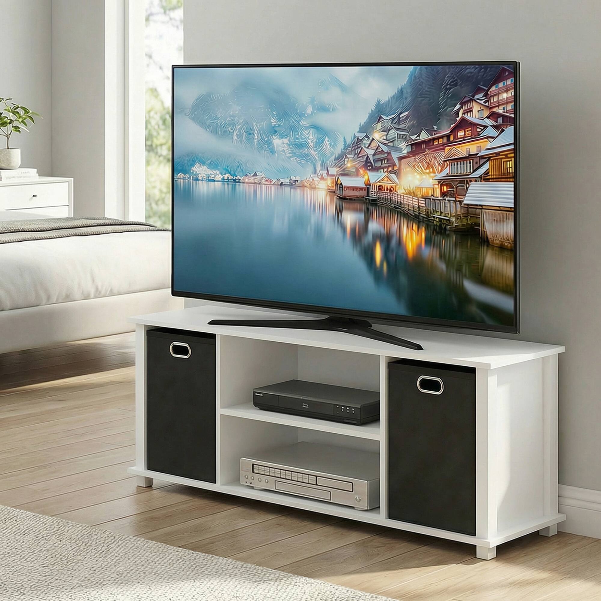 Alt View 2. Furinno - ECON TV Stand, 3-Tier Rectangular Entertainment Center with Open Back and Storage Bins for TV up to 46 Inch, TV Console - White/White/Black.