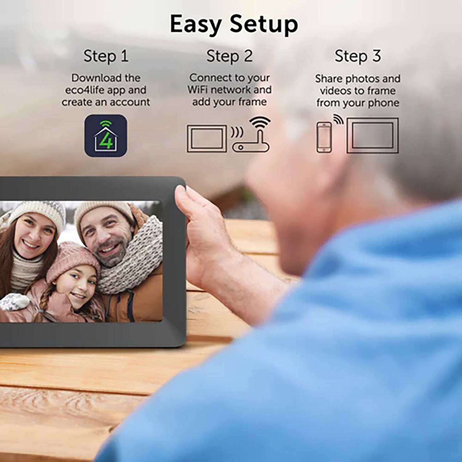 Easy Setup

Step 1: Download the eco4life app and create an account

Step 2: Connect to your WiFi network and add your frame

Step 3: Share photos and videos to frame from your phone