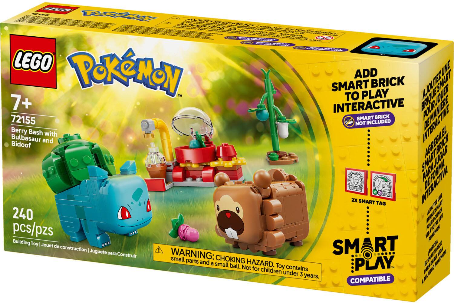 LEGO Pokémon  
7+  
72155  
Berry Bash with Bulbasaur and Bidoof  

240 pcs/pzs  
Building Toy | Jouet de construction | Juguete para Construir  

ADD SMART BRICK TO PLAY INTERACTIVE  
SMART BRICK NOT INCLUDED  

2X SMART TAG  

WARNING: CHOKING HAZARD. Small parts and a small ball. Not for children under 3 years.  

COMPATIBLE