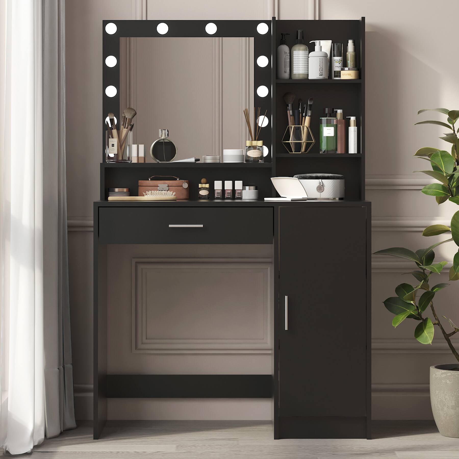 Lirago - Vanity Desk with Mirror Light Wood Dresser Table Makeup Vanities 53.9"H x 15.7"D x 35.4"W - Black